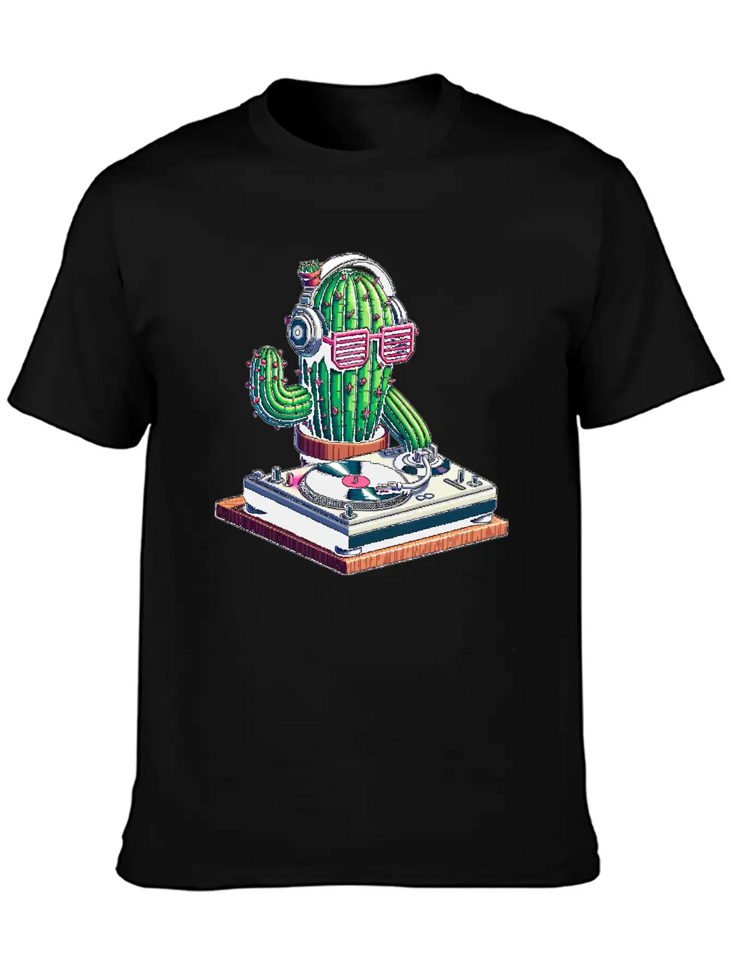 Spiky Tunes DJ Cactus - Cyberpunk Pixel Art Breathable Soft Cotton T-Shirt – Timeless Casual Look