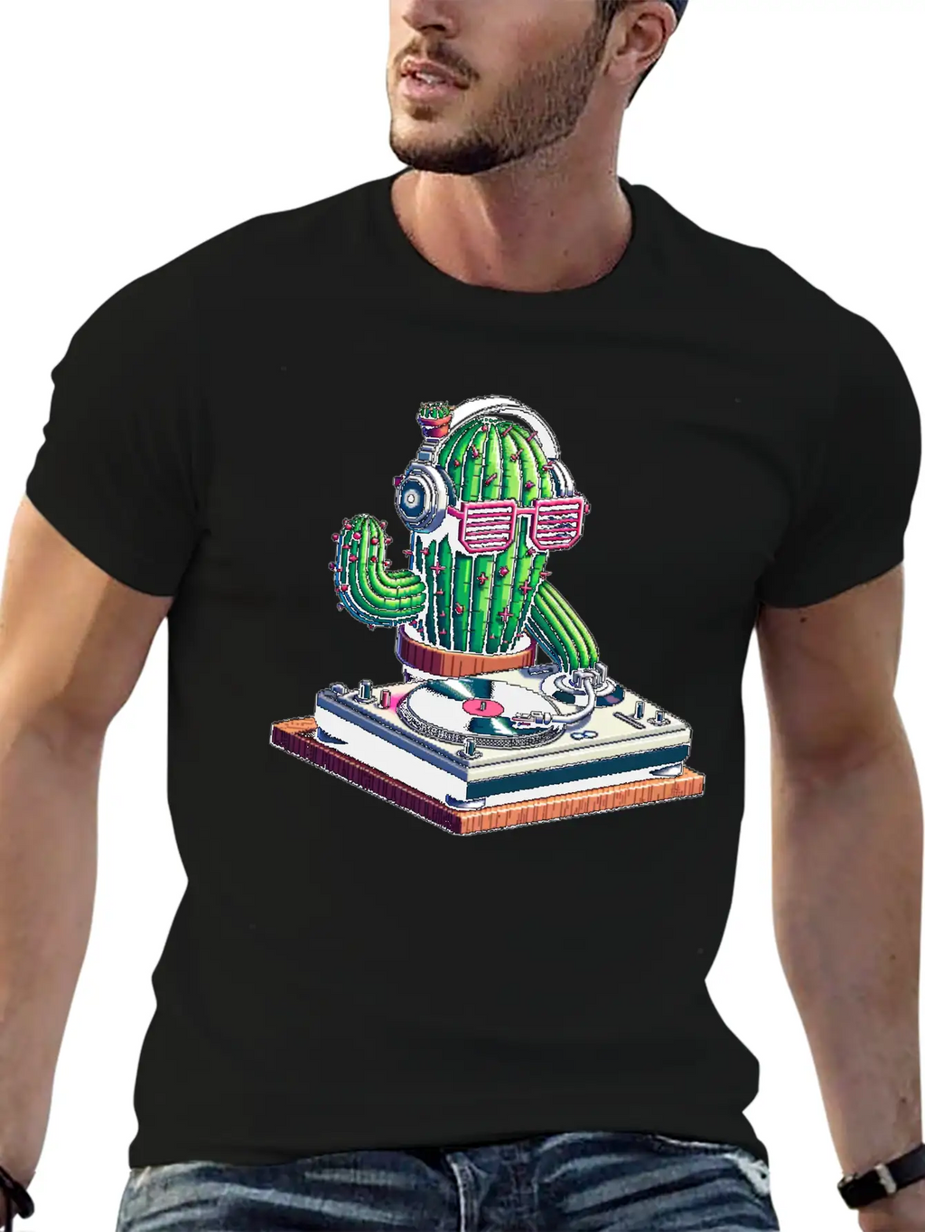 Spiky Tunes DJ Cactus - Cyberpunk Pixel Art Breathable Soft Cotton T-Shirt – Timeless Casual Look