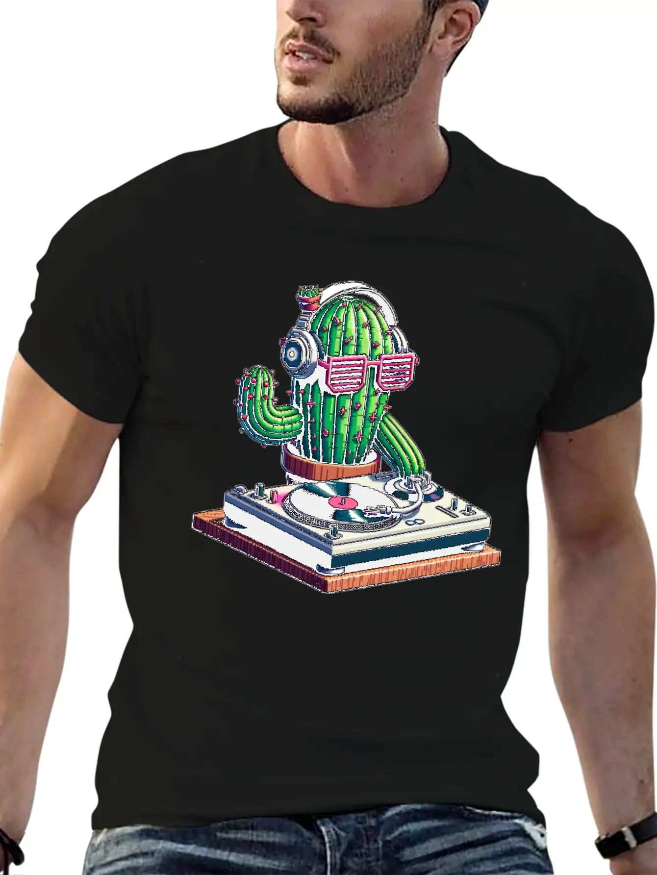 Spiky Tunes DJ Cactus - Cyberpunk Pixel Art Breathable Soft Cotton T-Shirt – Timeless Casual Look