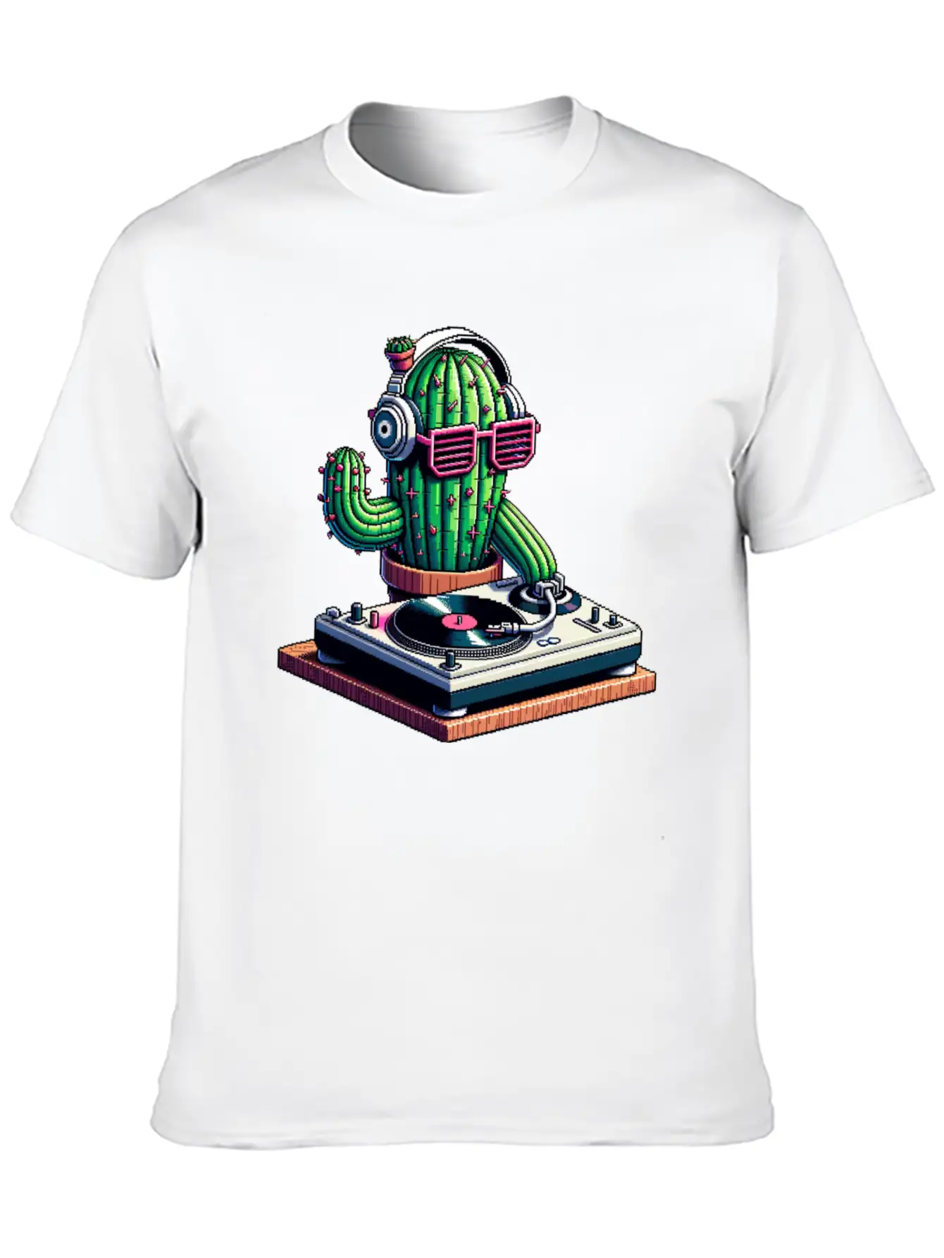 Spiky Tunes DJ Cactus - Cyberpunk Pixel Art Breathable Soft Cotton T-Shirt – Timeless Casual Look
