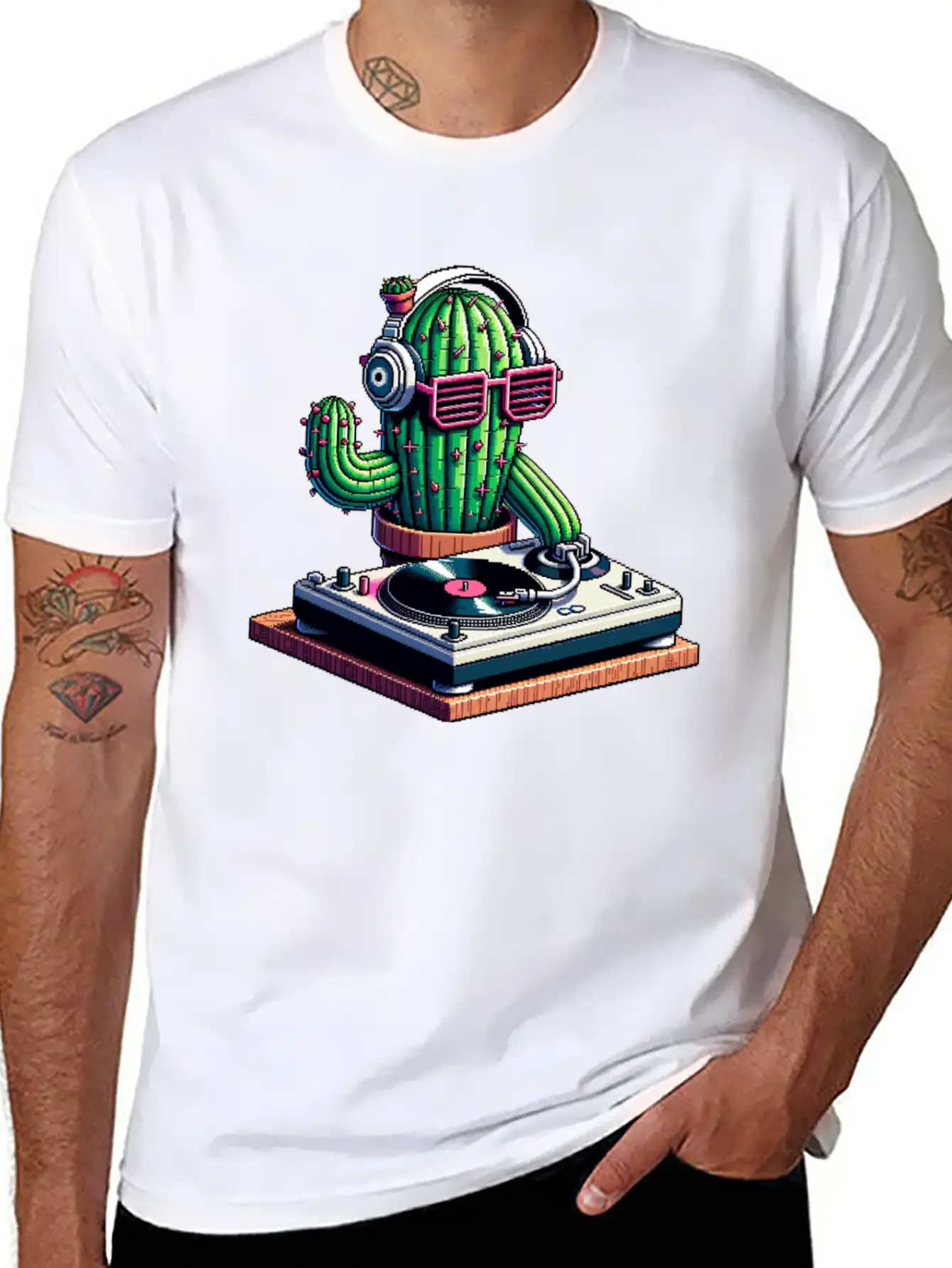 Spiky Tunes DJ Cactus - Cyberpunk Pixel Art Breathable Soft Cotton T-Shirt – Timeless Casual Look