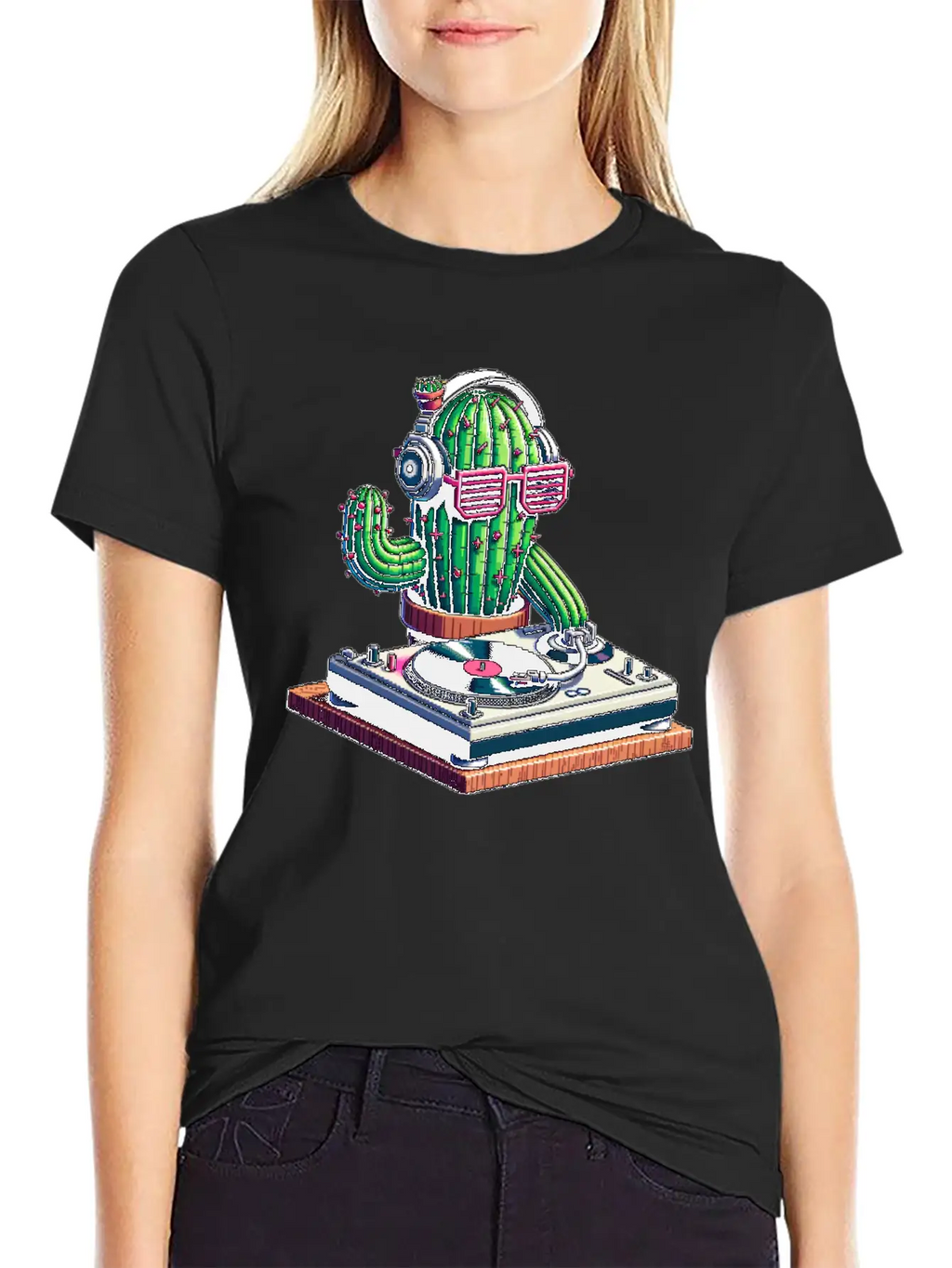 Spiky Tunes DJ Cactus - Cyberpunk Pixel Art Breathable Soft Cotton T-Shirt – Timeless Casual Look