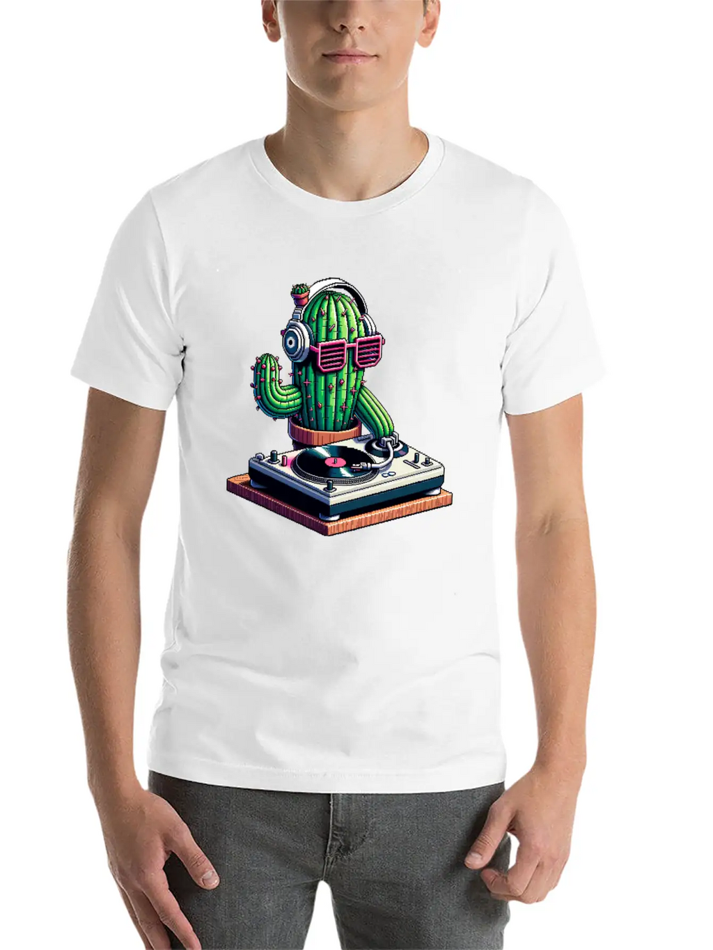 Spiky Tunes DJ Cactus - Cyberpunk Pixel Art Breathable Soft Cotton T-Shirt – Timeless Casual Look