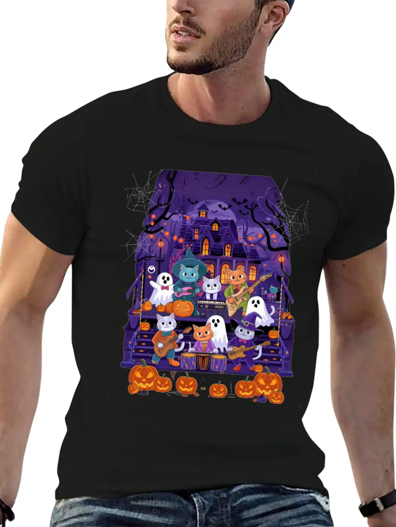 Spooky Cat Concert Stylish Everyday T-Shirt – Unisex Basic Cotton Tee