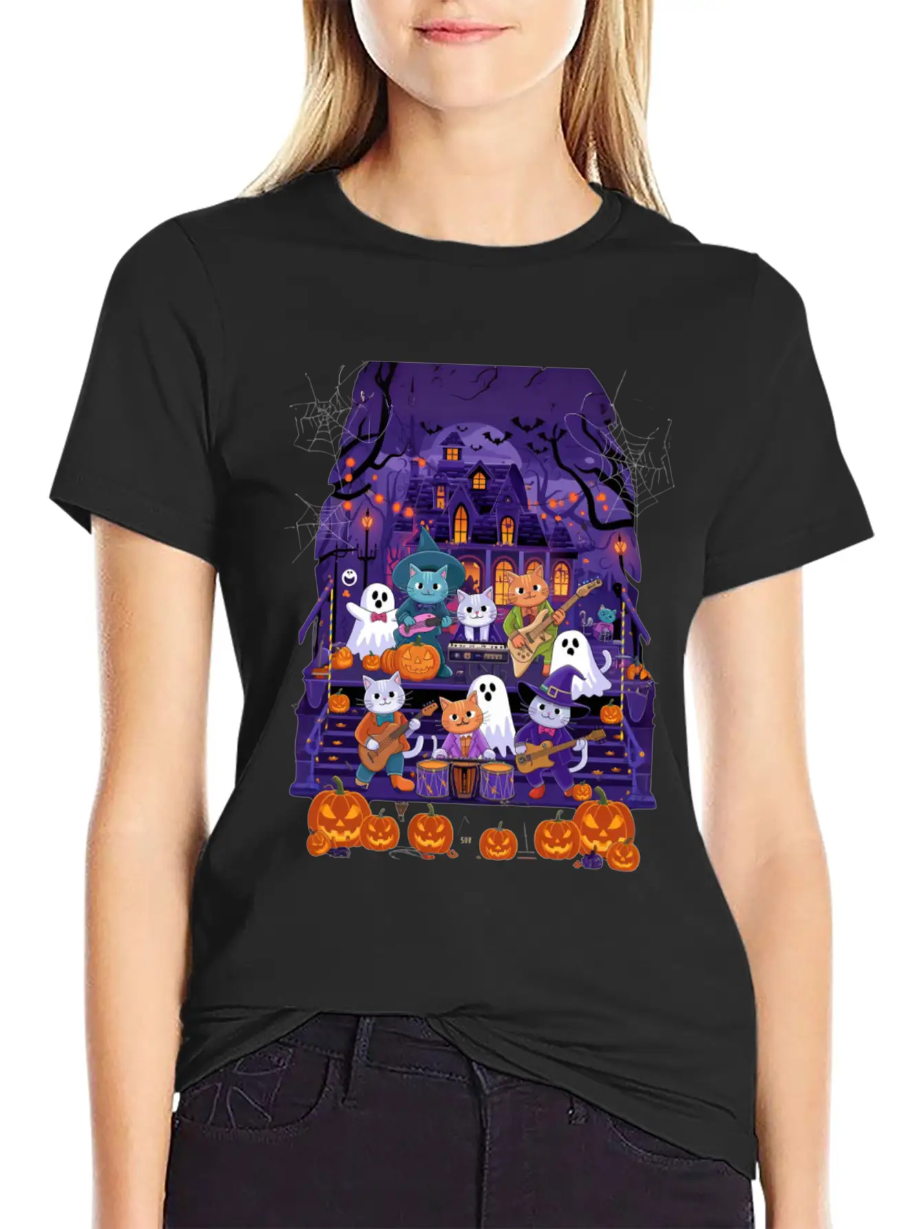 Spooky Cat Concert Stylish Everyday T-Shirt – Unisex Basic Cotton Tee