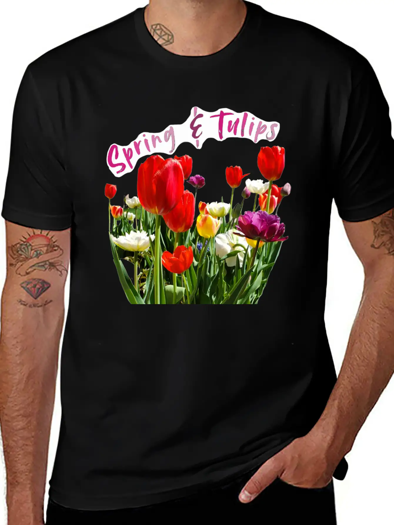 Spring & Tulips Quote With Real Flowers Sticker Unisex Casual T-Shirt – Clean Design For Daily Comfort