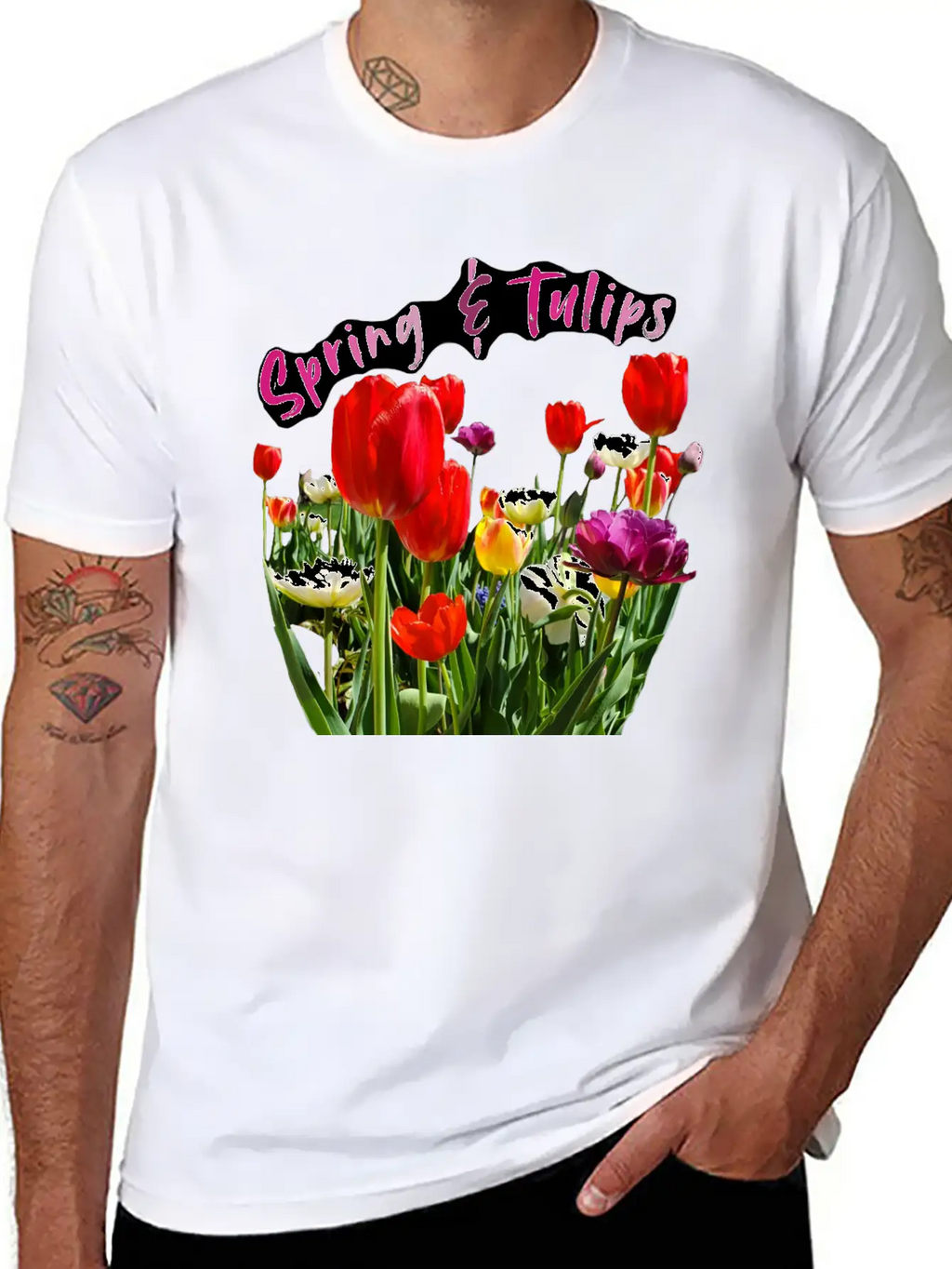 Spring & Tulips Quote With Real Flowers Sticker Unisex Casual T-Shirt – Clean Design For Daily Comfort