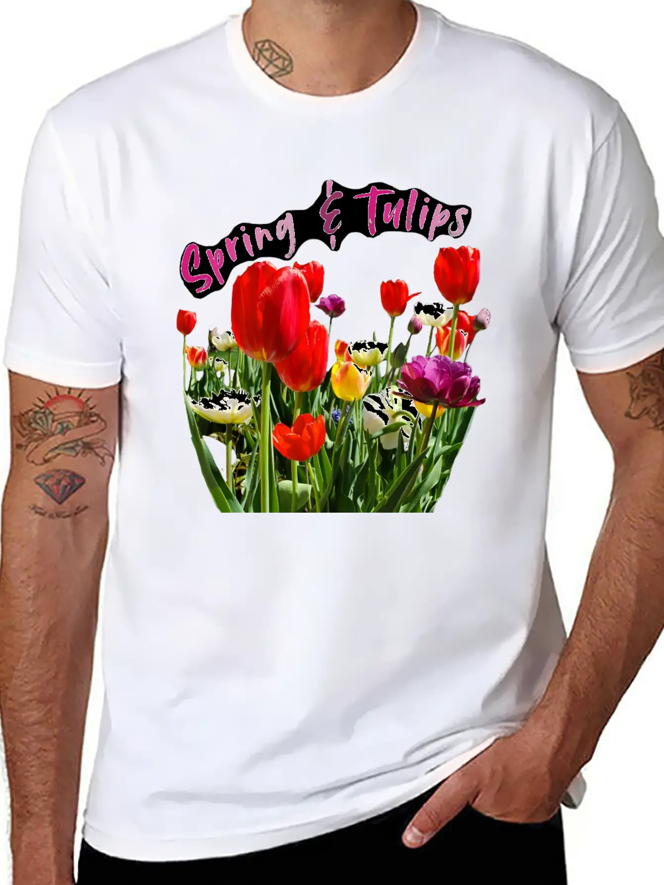 Spring & Tulips Quote With Real Flowers Sticker Unisex Casual T-Shirt – Clean Design For Daily Comfort