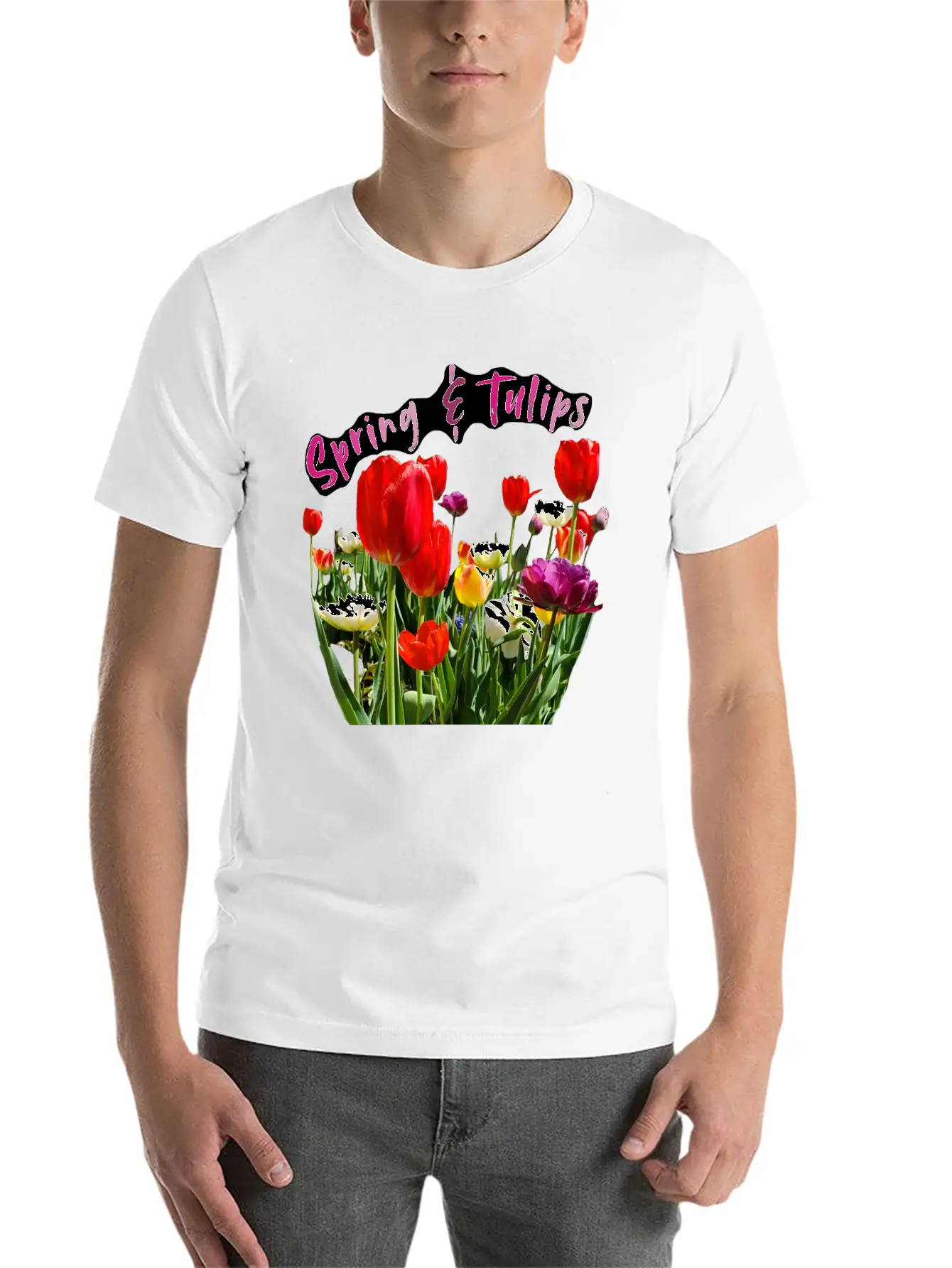 Spring & Tulips Quote With Real Flowers Sticker Unisex Casual T-Shirt – Clean Design For Daily Comfort