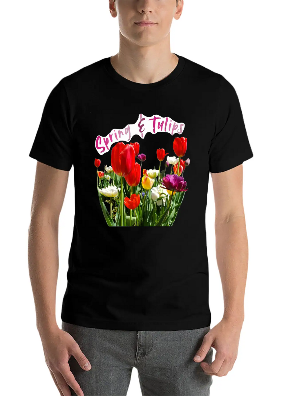 Spring & Tulips Quote With Real Flowers Sticker Unisex Casual T-Shirt – Clean Design For Daily Comfort