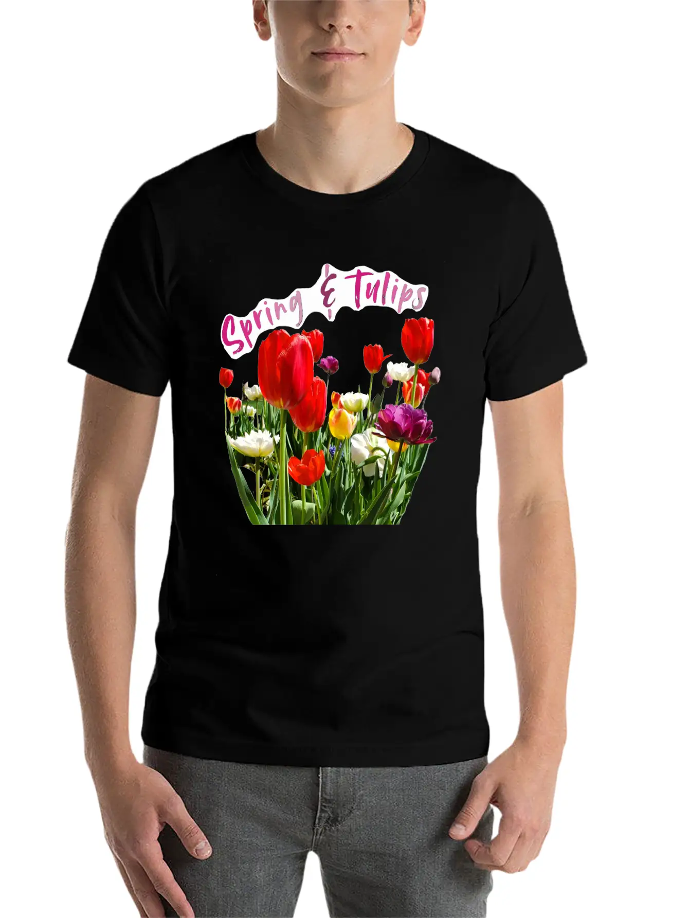Spring & Tulips Quote With Real Flowers Sticker Unisex Casual T-Shirt – Clean Design For Daily Comfort