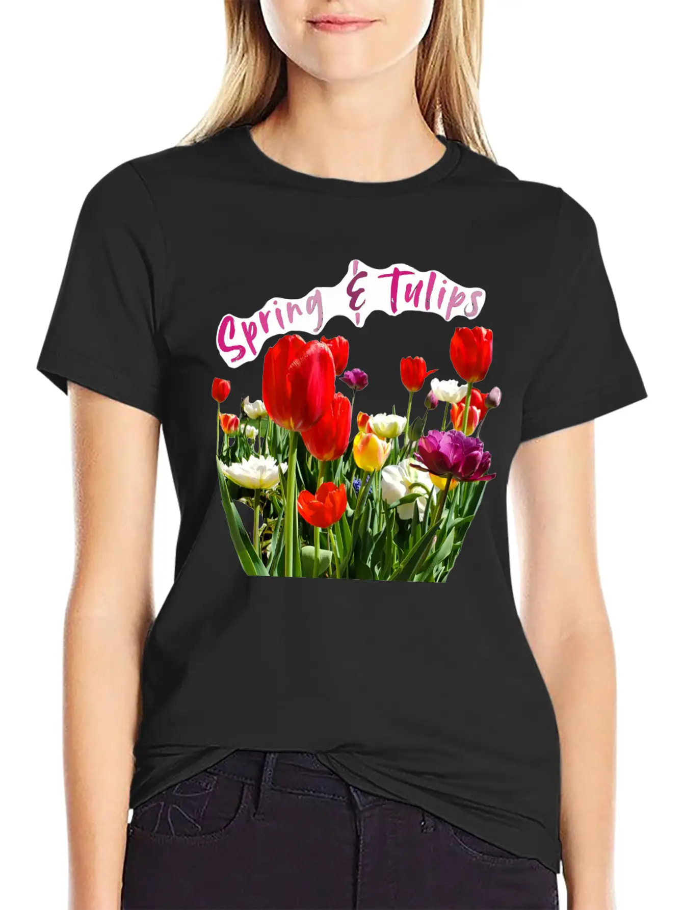 Spring & Tulips Quote With Real Flowers Sticker Unisex Casual T-Shirt – Clean Design For Daily Comfort