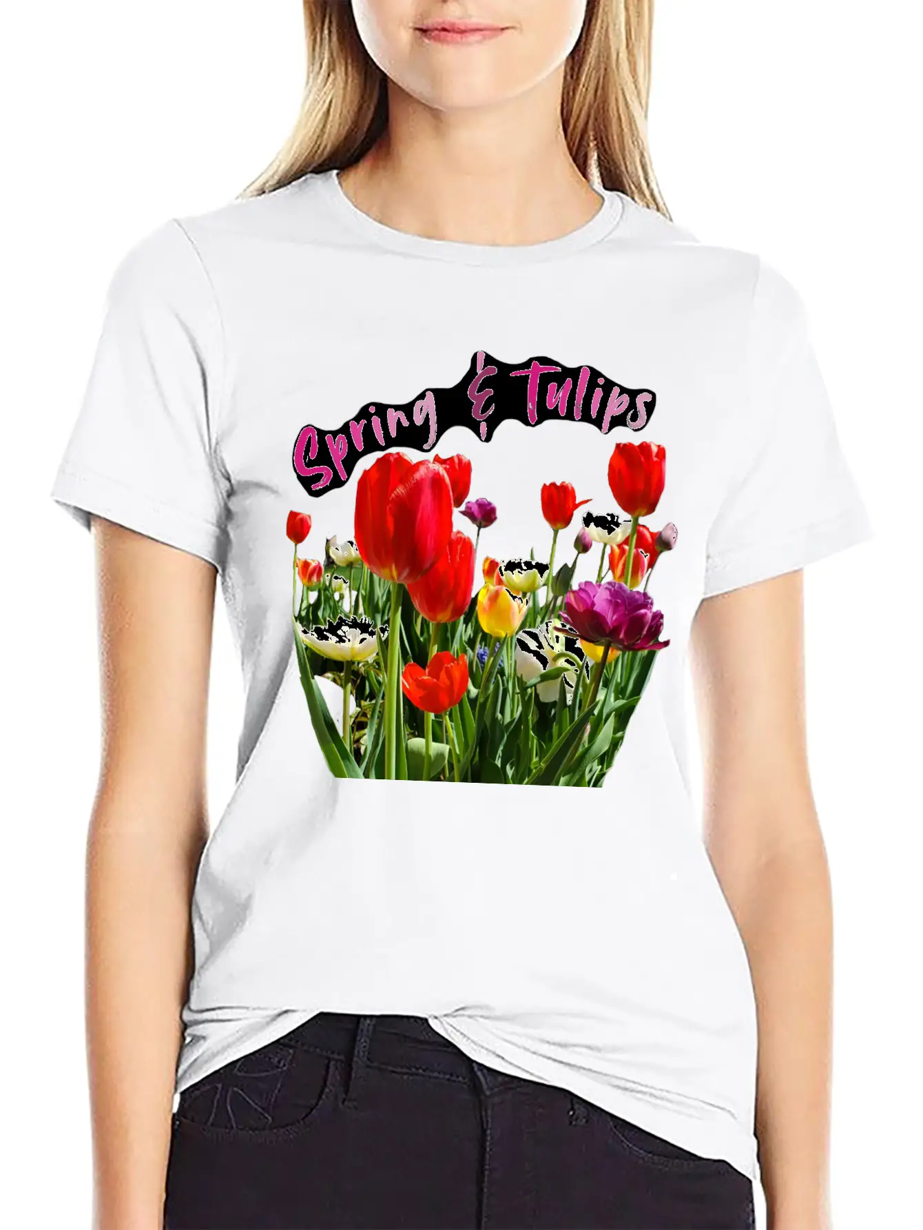 Spring & Tulips Quote With Real Flowers Sticker Unisex Casual T-Shirt – Clean Design For Daily Comfort
