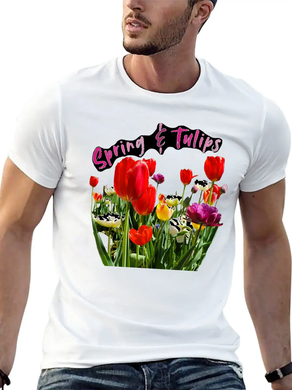 Spring & Tulips Quote With Real Flowers Sticker Unisex Casual T-Shirt – Clean Design For Daily Comfort