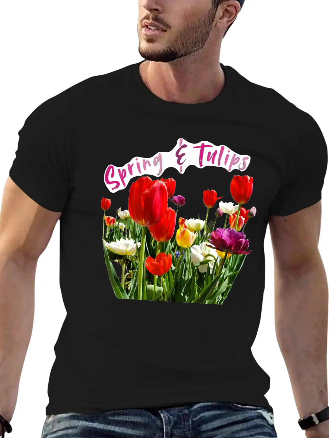 Spring & Tulips Quote With Real Flowers Sticker Unisex Casual T-Shirt – Clean Design For Daily Comfort