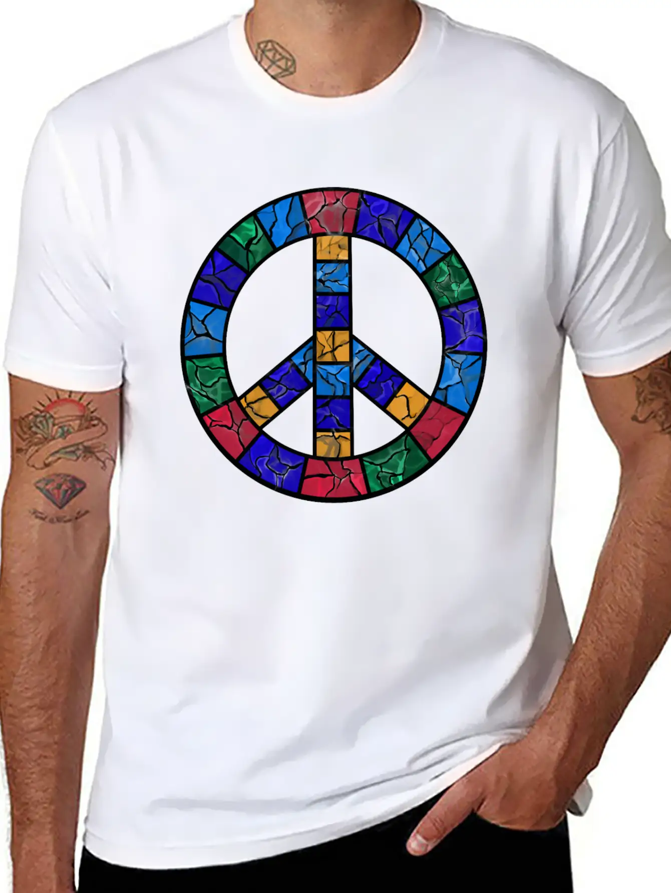 Stained Glass Peace Symbol Stylish Everyday T-Shirt – Unisex Basic Cotton Tee