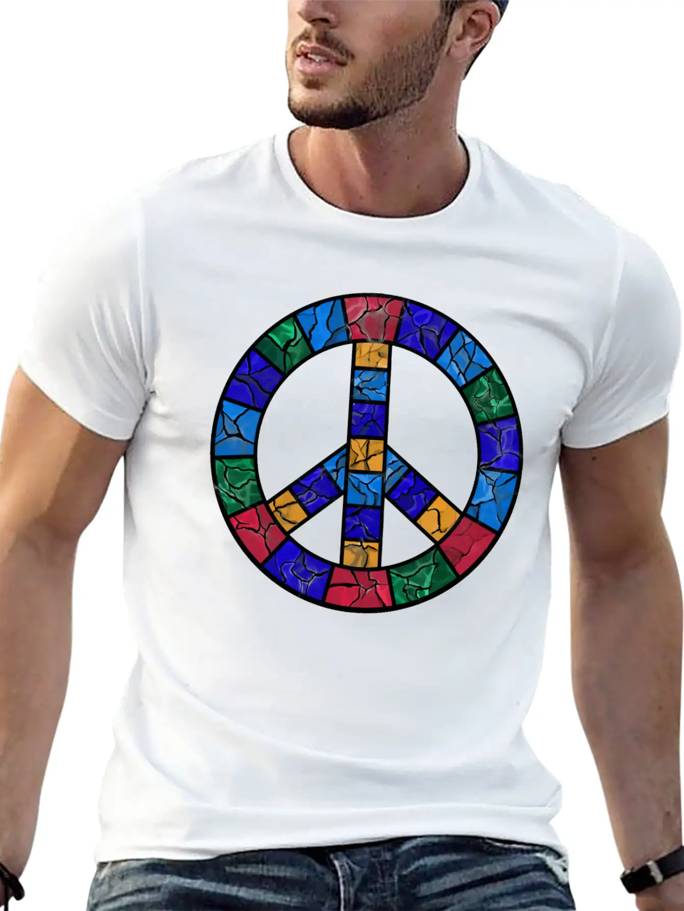 Stained Glass Peace Symbol Stylish Everyday T-Shirt – Unisex Basic Cotton Tee