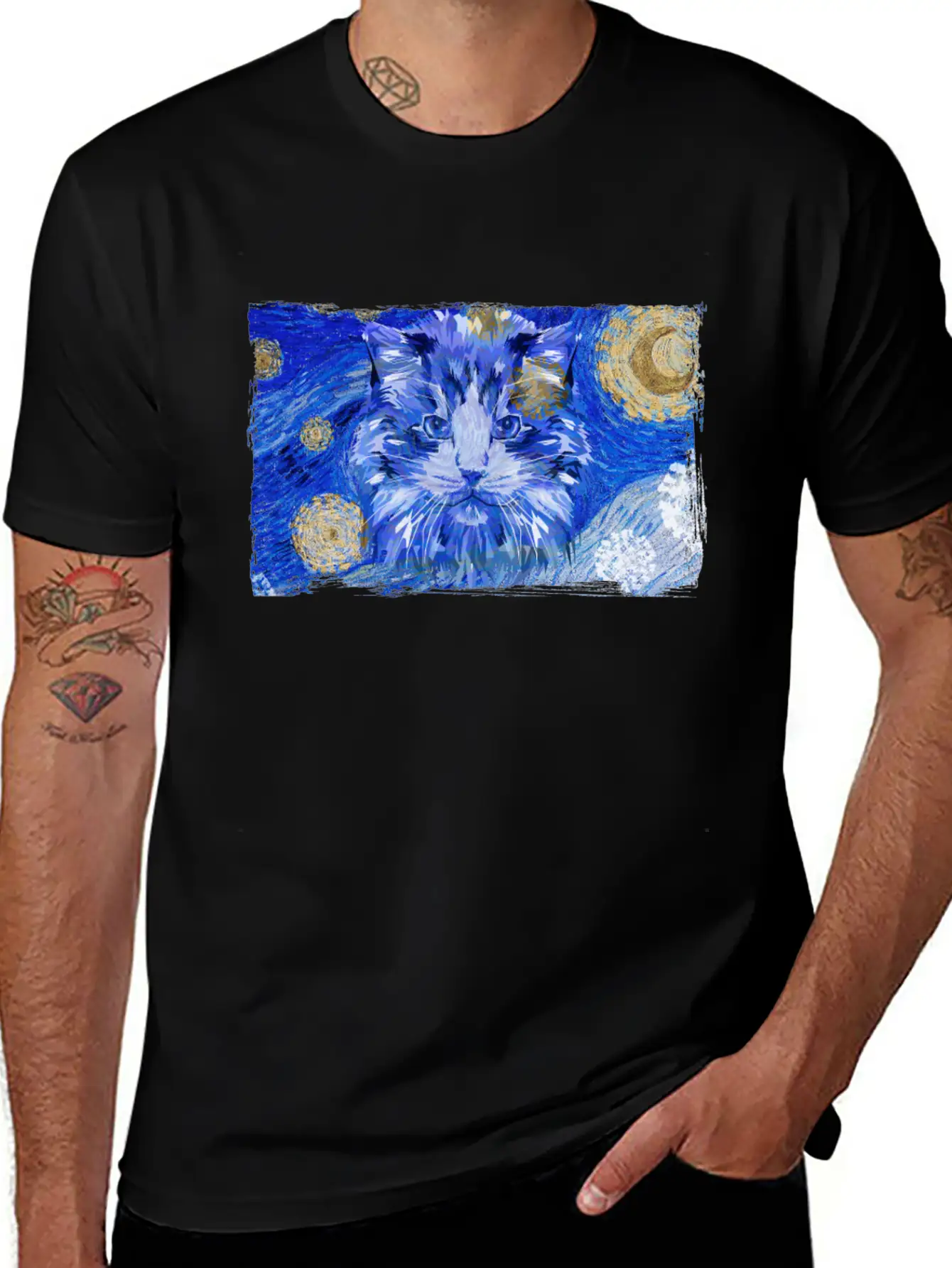 Starry Night Cat Casual Graphic T-Shirt – Simple And Comfortable Daily Wear