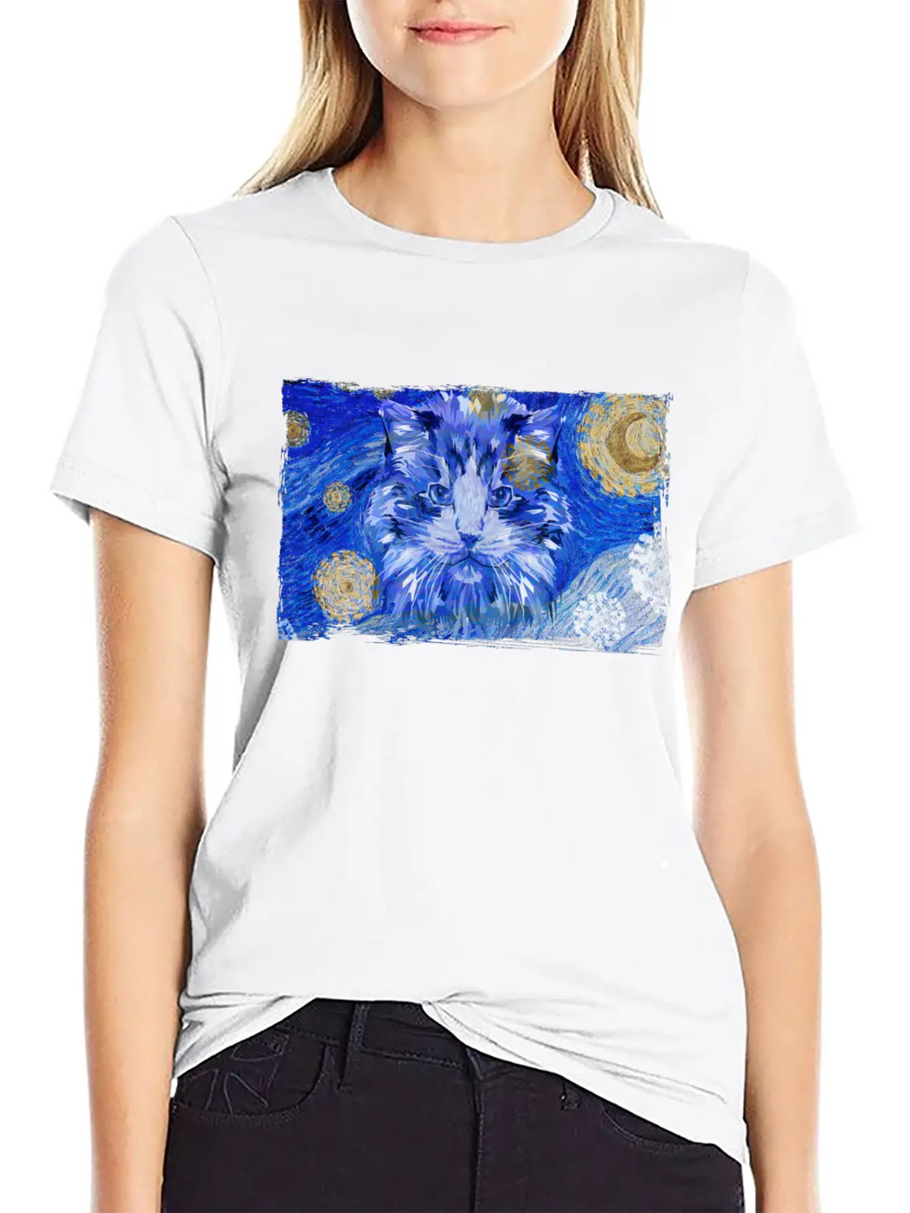 Starry Night Cat Casual Graphic T-Shirt – Simple And Comfortable Daily Wear