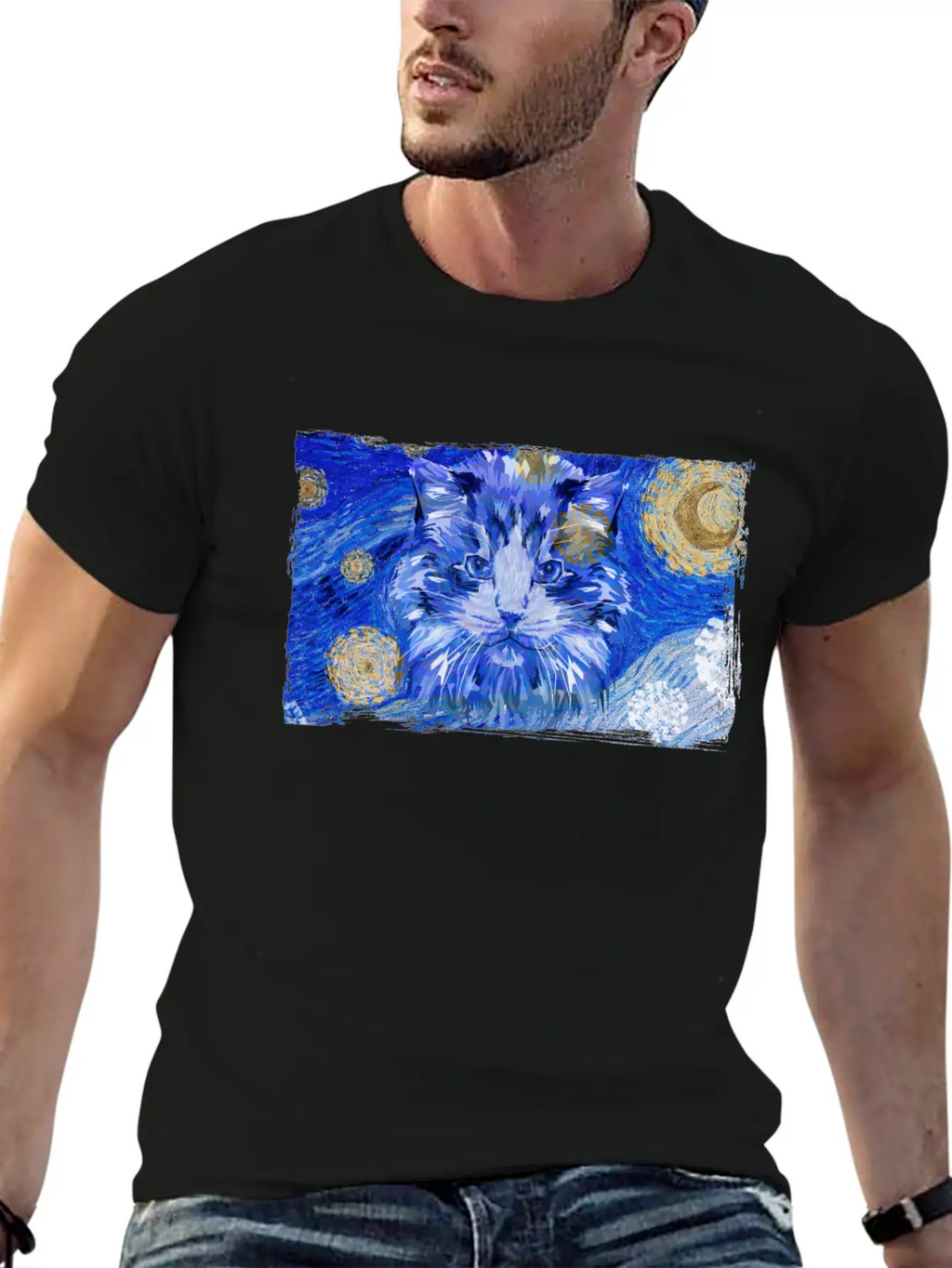 Starry Night Cat Casual Graphic T-Shirt – Simple And Comfortable Daily Wear