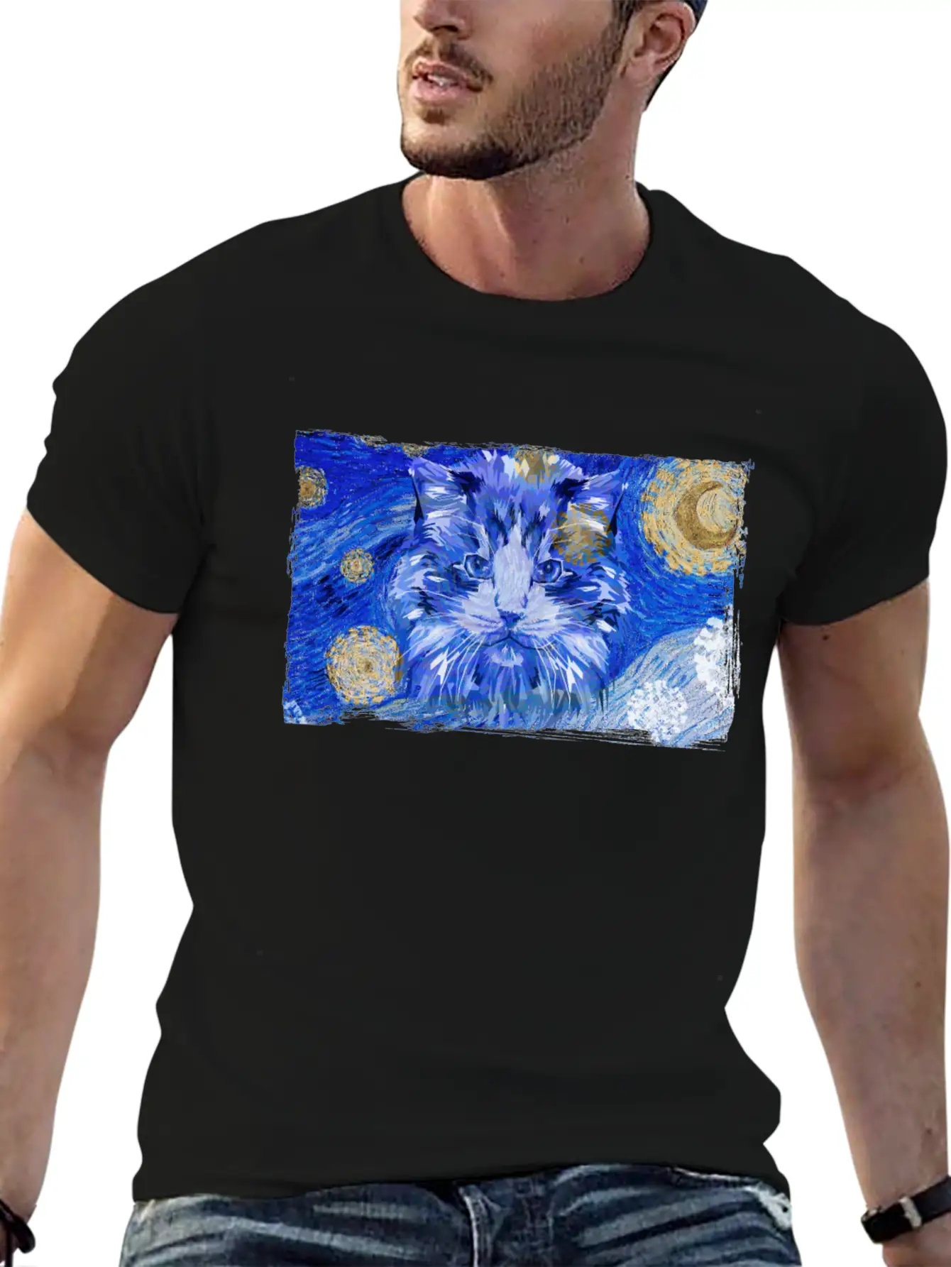 Starry Night Cat Casual Graphic T-Shirt – Simple And Comfortable Daily Wear