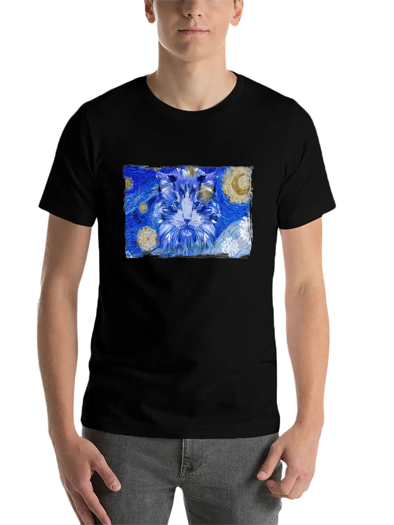 Starry Night Cat Casual Graphic T-Shirt – Simple And Comfortable Daily Wear