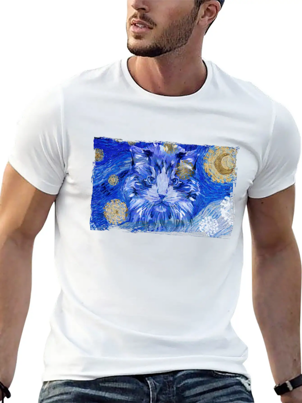 Starry Night Cat Casual Graphic T-Shirt – Simple And Comfortable Daily Wear