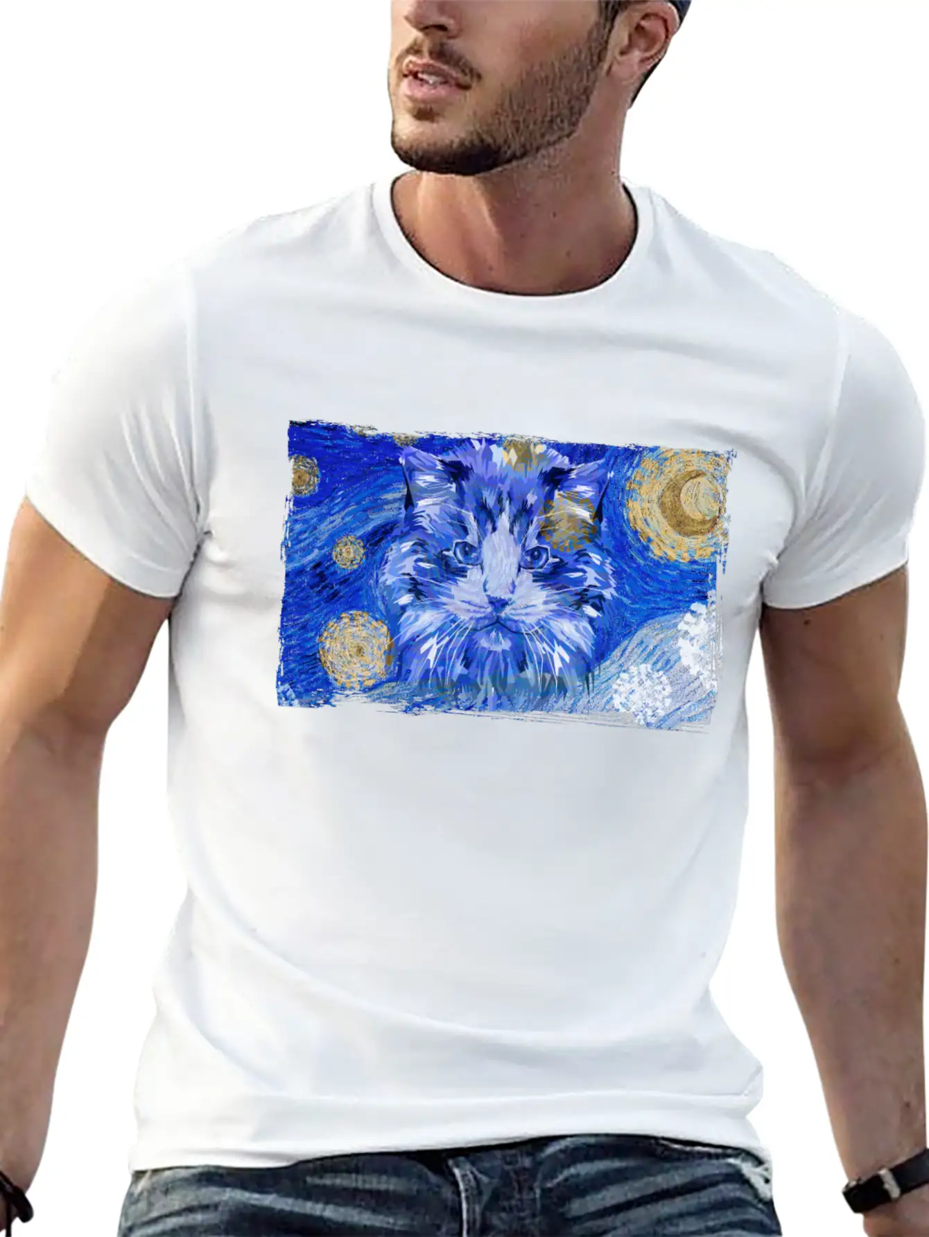 Starry Night Cat Casual Graphic T-Shirt – Simple And Comfortable Daily Wear