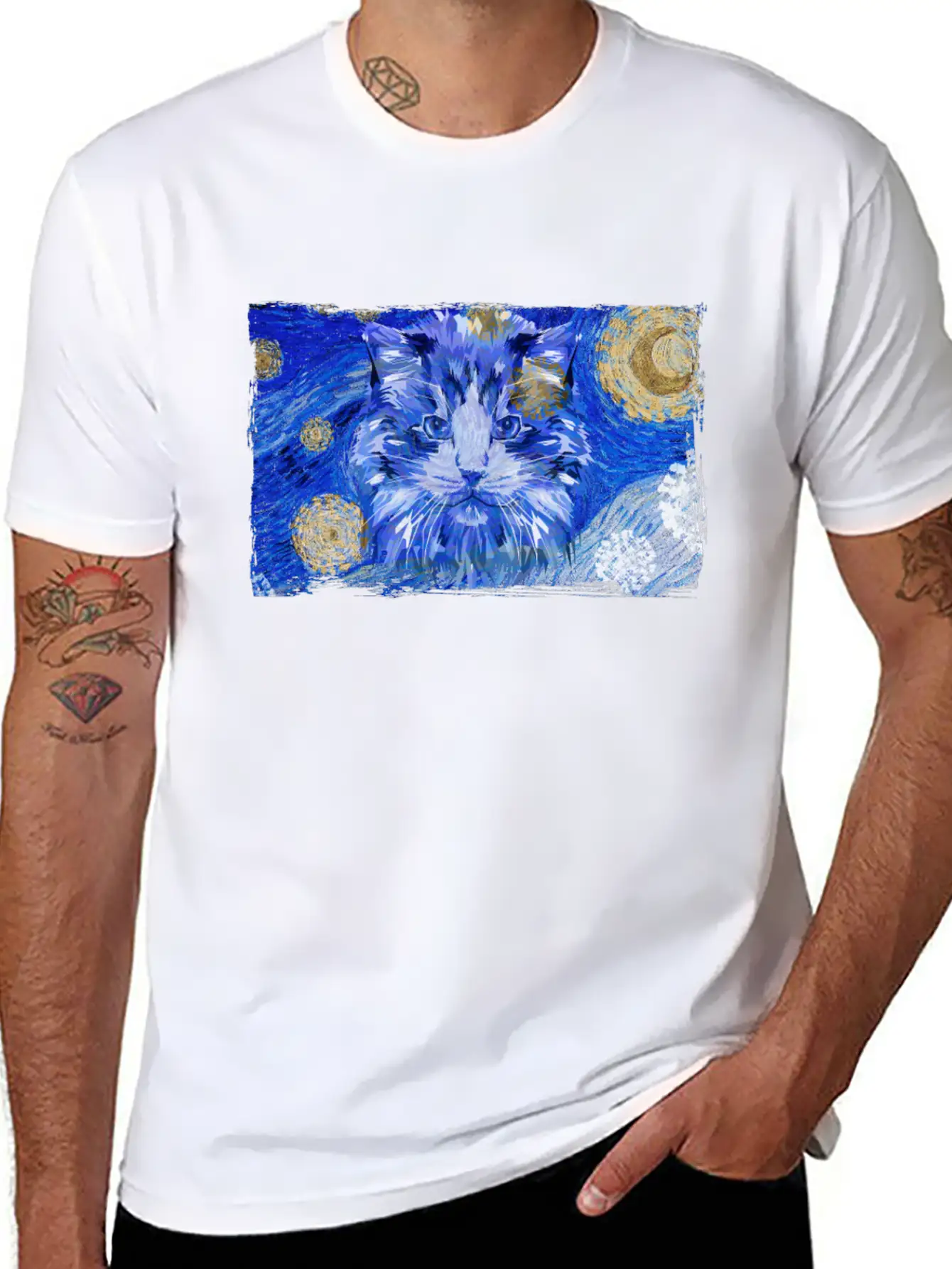 Starry Night Cat Casual Graphic T-Shirt – Simple And Comfortable Daily Wear