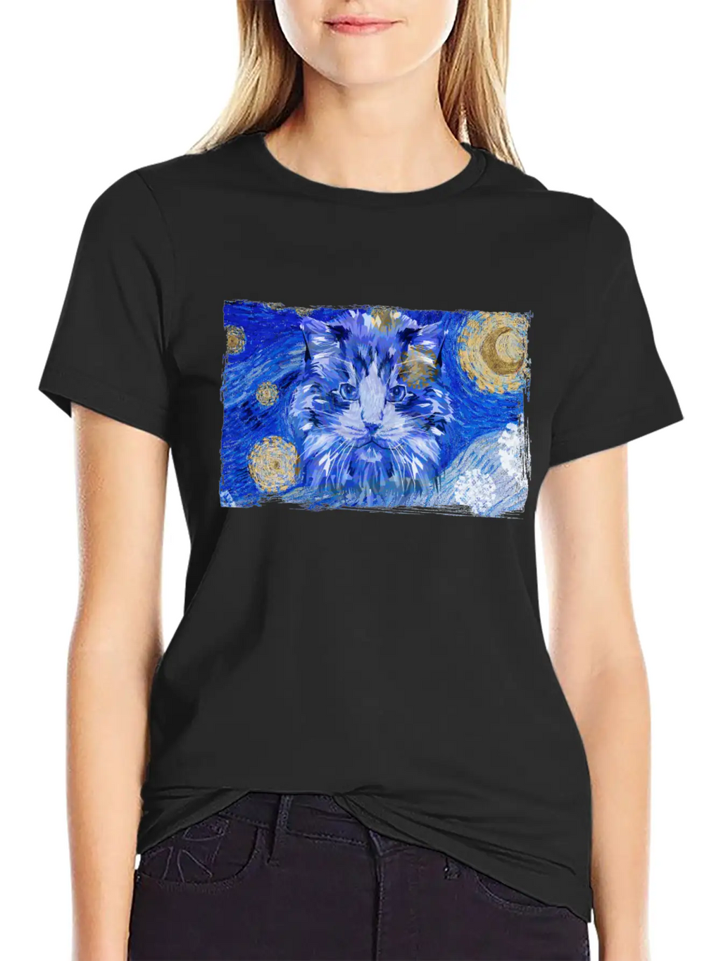 Starry Night Cat Casual Graphic T-Shirt – Simple And Comfortable Daily Wear