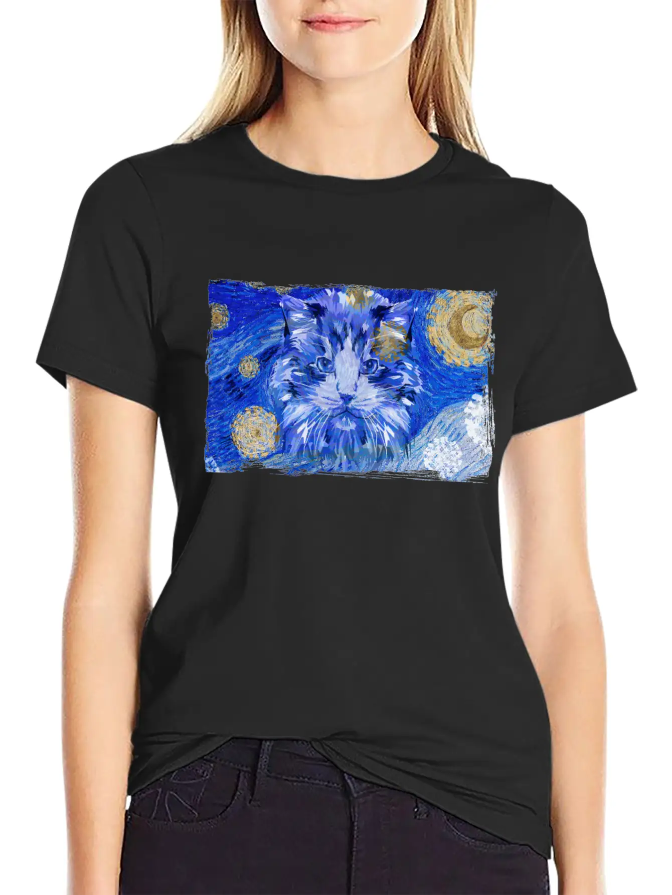 Starry Night Cat Casual Graphic T-Shirt – Simple And Comfortable Daily Wear