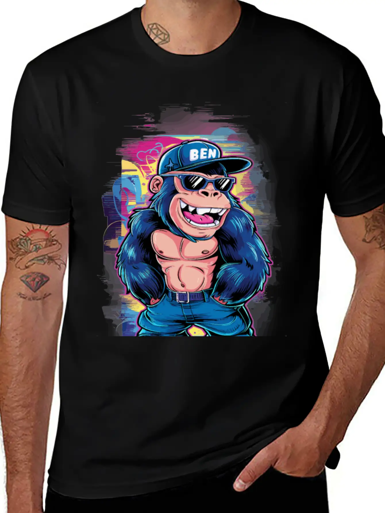 Street Art Gorilla Music Unisex Short Sleeve Soft Cotton T-Shirt – Casual Everyday Wear