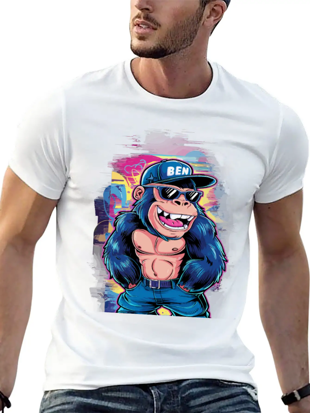 Street Art Gorilla Music Unisex Short Sleeve Soft Cotton T-Shirt – Casual Everyday Wear