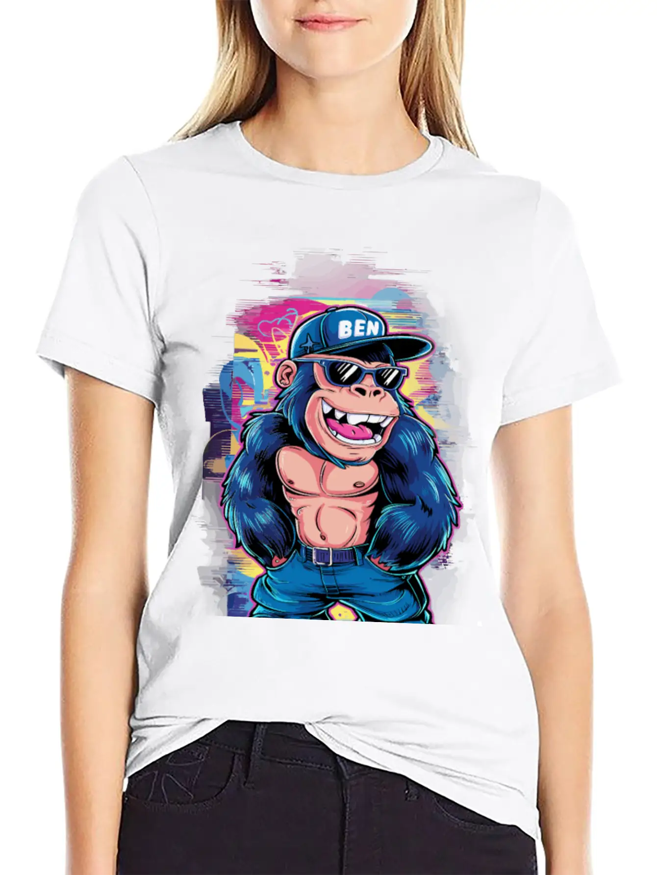 Street Art Gorilla Music Unisex Short Sleeve Soft Cotton T-Shirt – Casual Everyday Wear