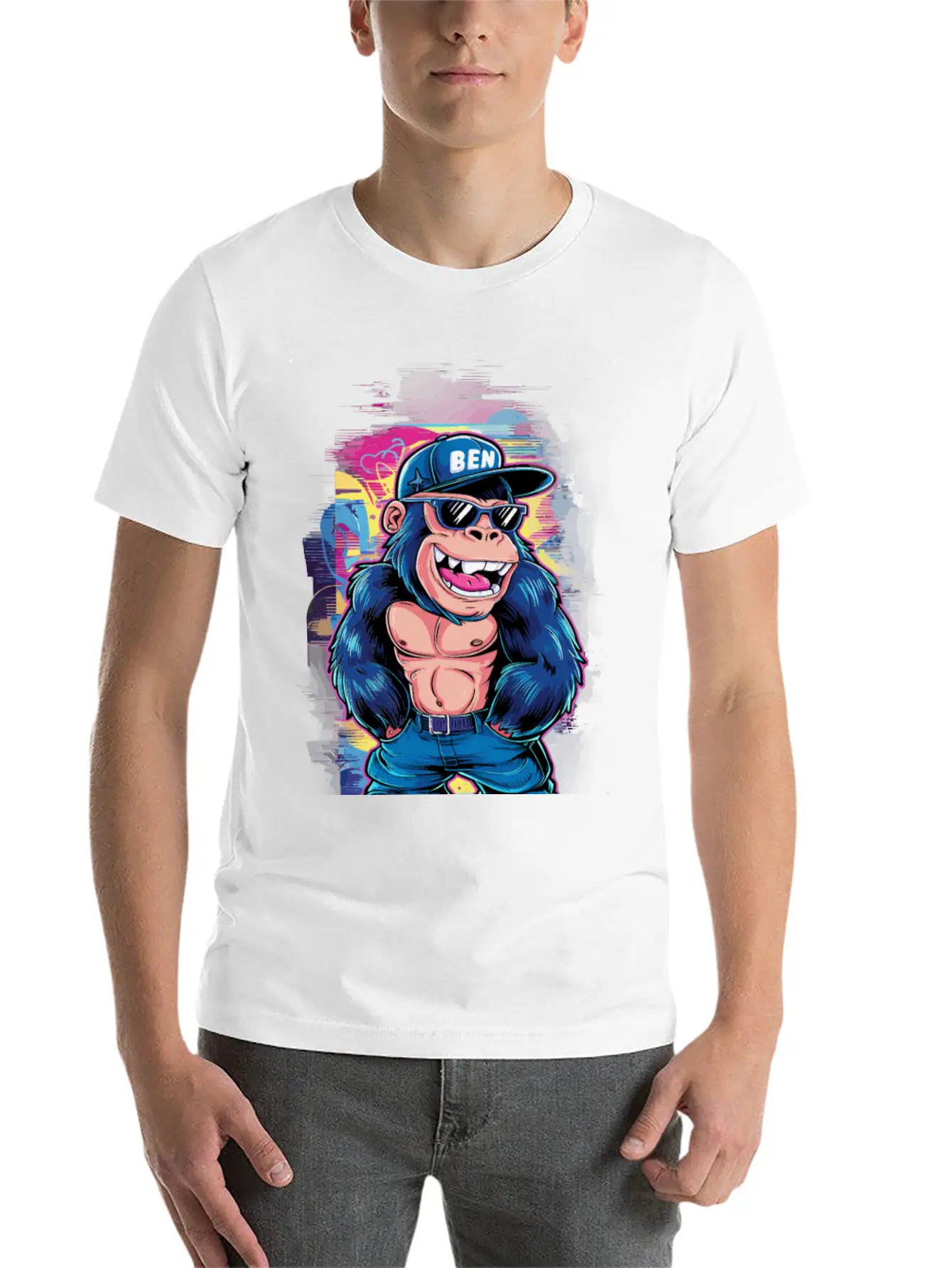 Street Art Gorilla Music Unisex Short Sleeve Soft Cotton T-Shirt – Casual Everyday Wear
