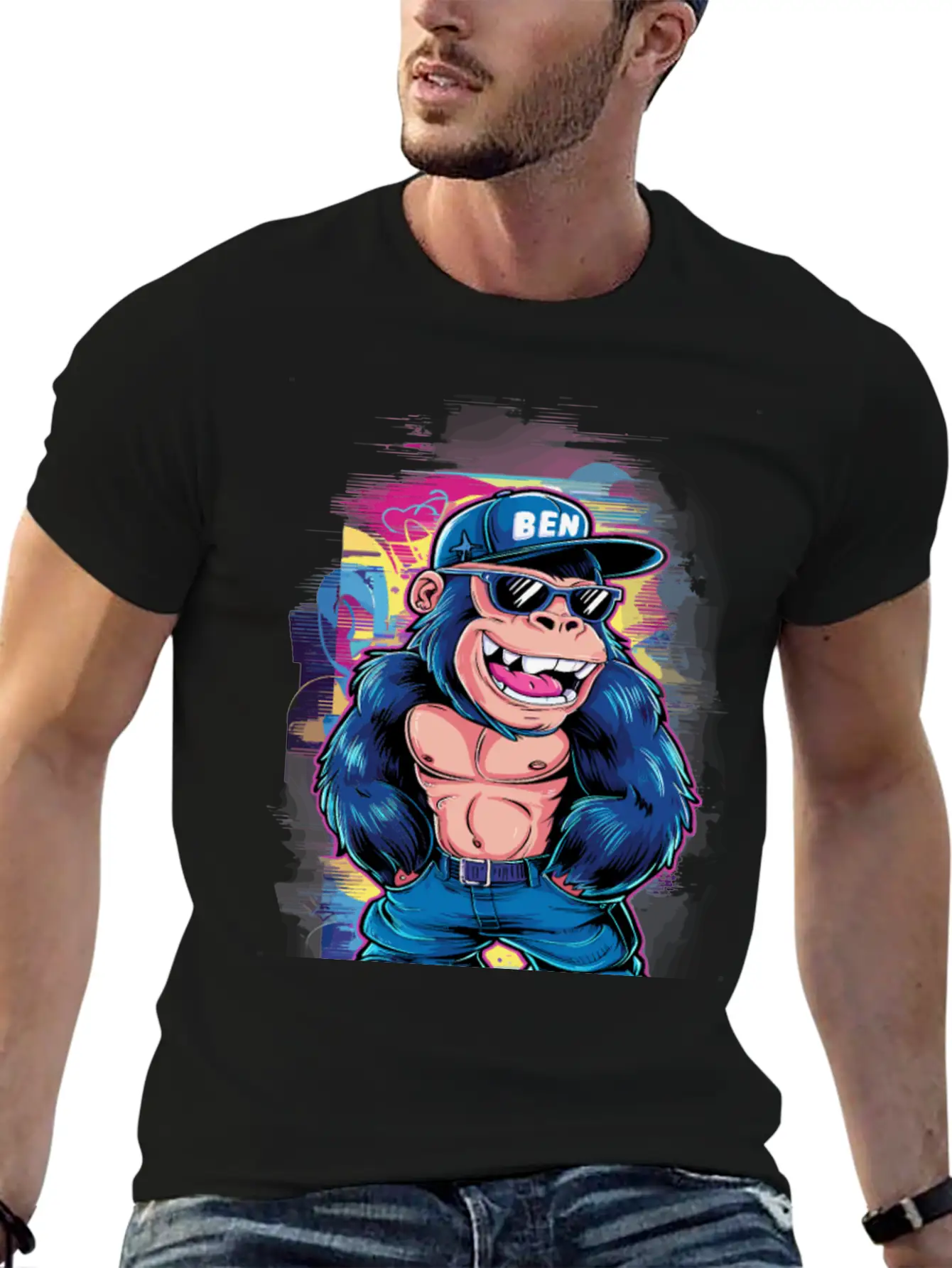 Street Art Gorilla Music Unisex Short Sleeve Soft Cotton T-Shirt – Casual Everyday Wear