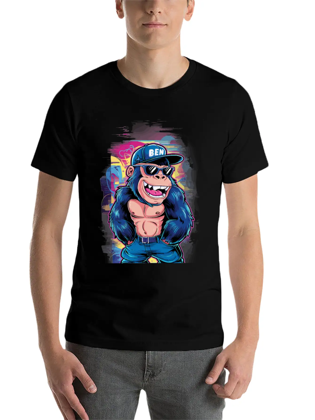 Street Art Gorilla Music Unisex Short Sleeve Soft Cotton T-Shirt – Casual Everyday Wear