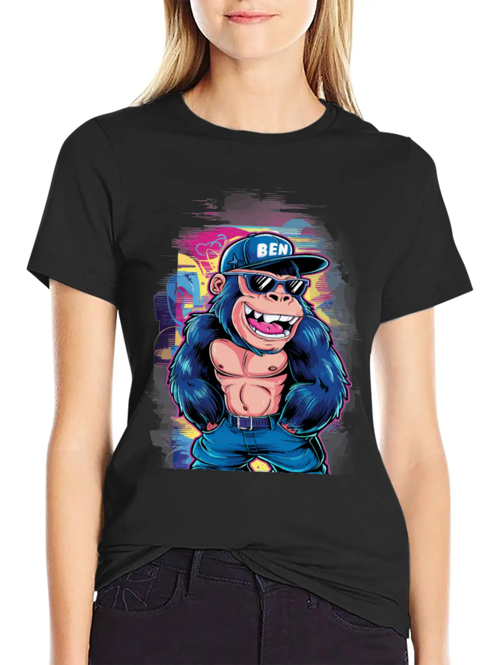 Street Art Gorilla Music Unisex Short Sleeve Soft Cotton T-Shirt – Casual Everyday Wear
