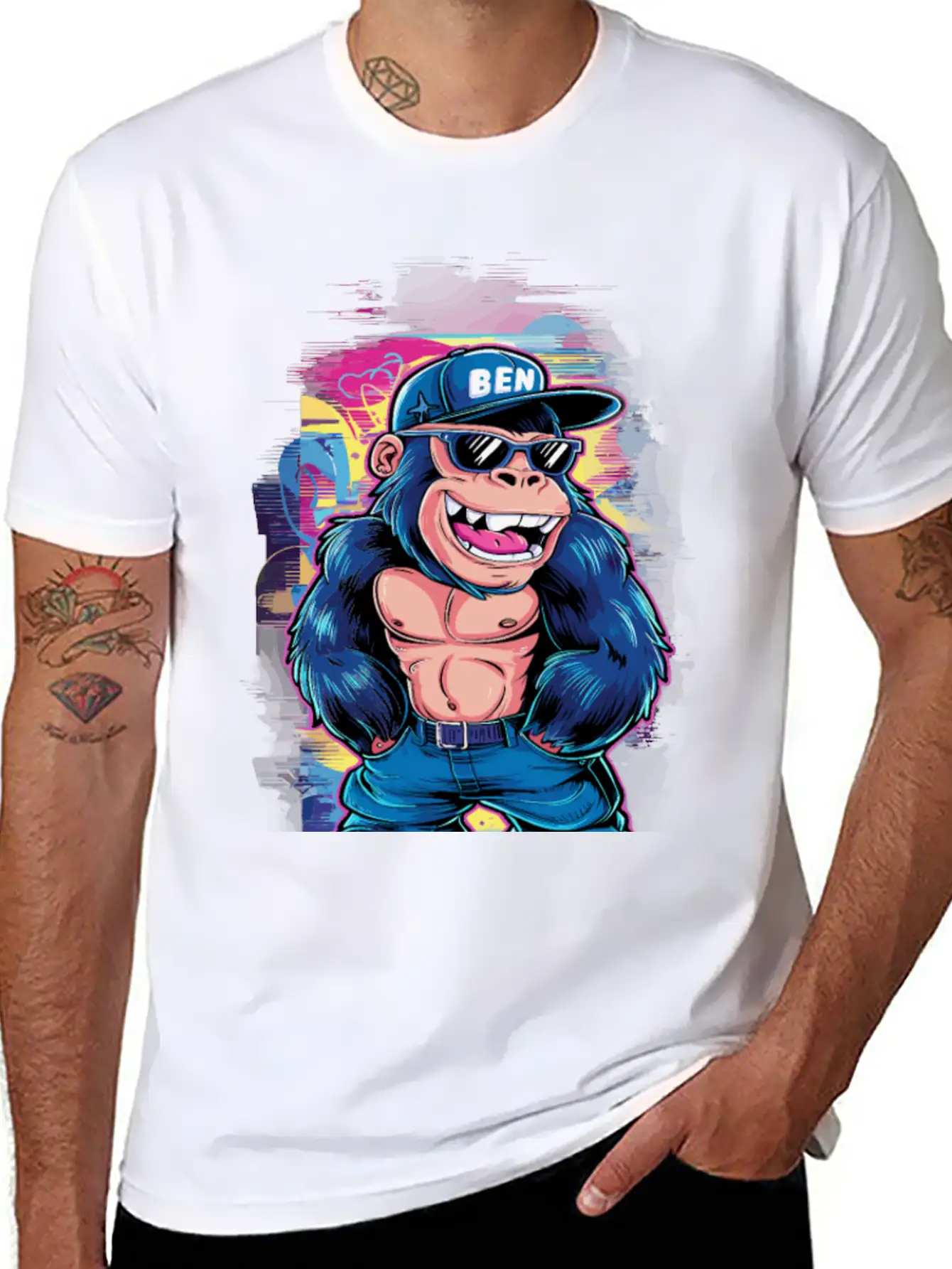 Street Art Gorilla Music Unisex Short Sleeve Soft Cotton T-Shirt – Casual Everyday Wear