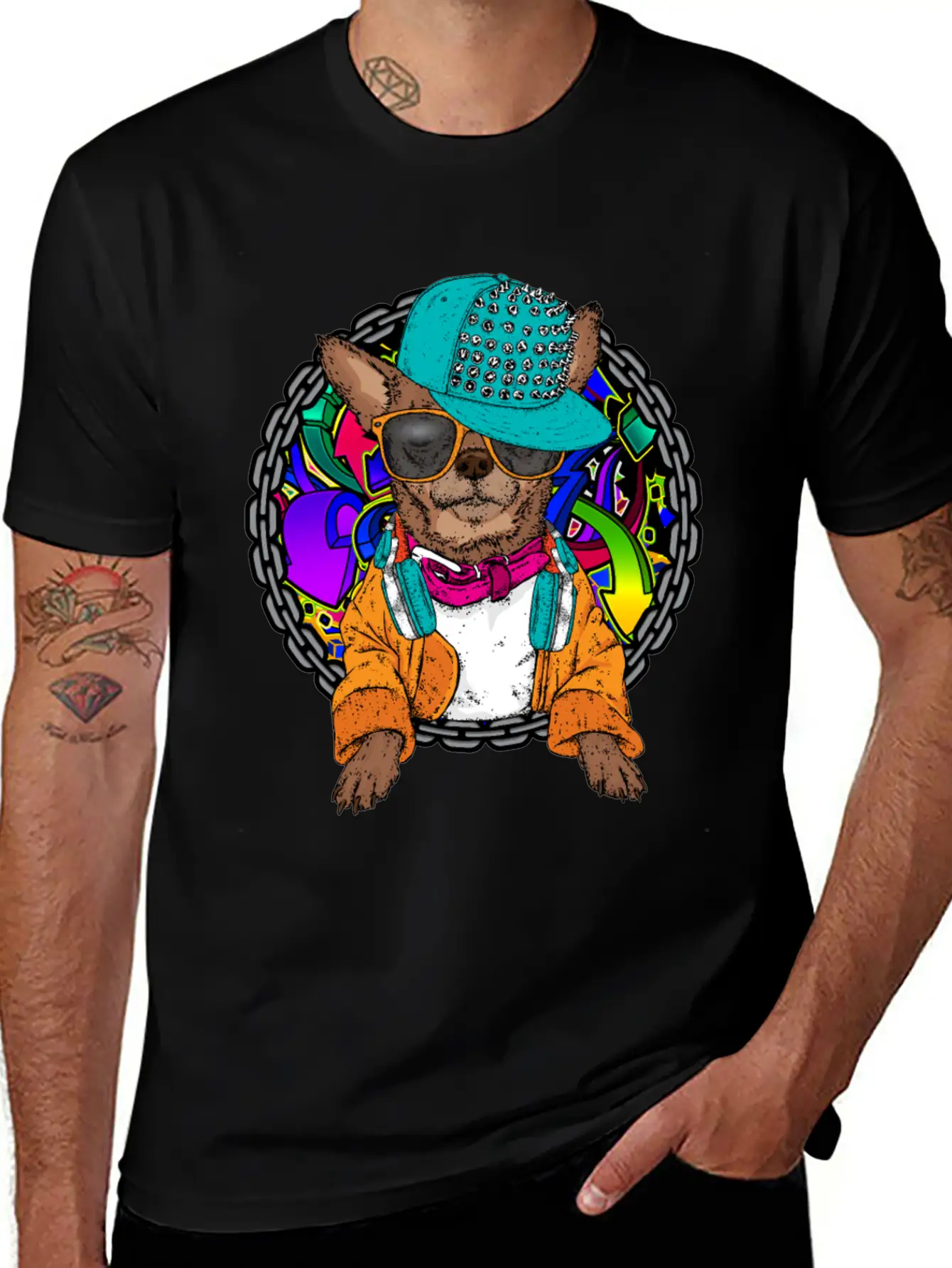 Street Dog Chihuahua Graffiti With Chain Dog Lover Stylish Everyday T-Shirt – Unisex Basic Cotton Tee
