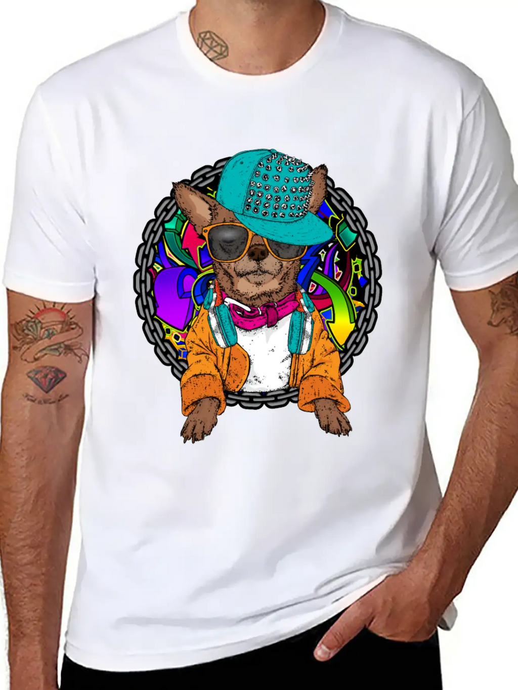 Street Dog Chihuahua Graffiti With Chain Dog Lover Stylish Everyday T-Shirt – Unisex Basic Cotton Tee