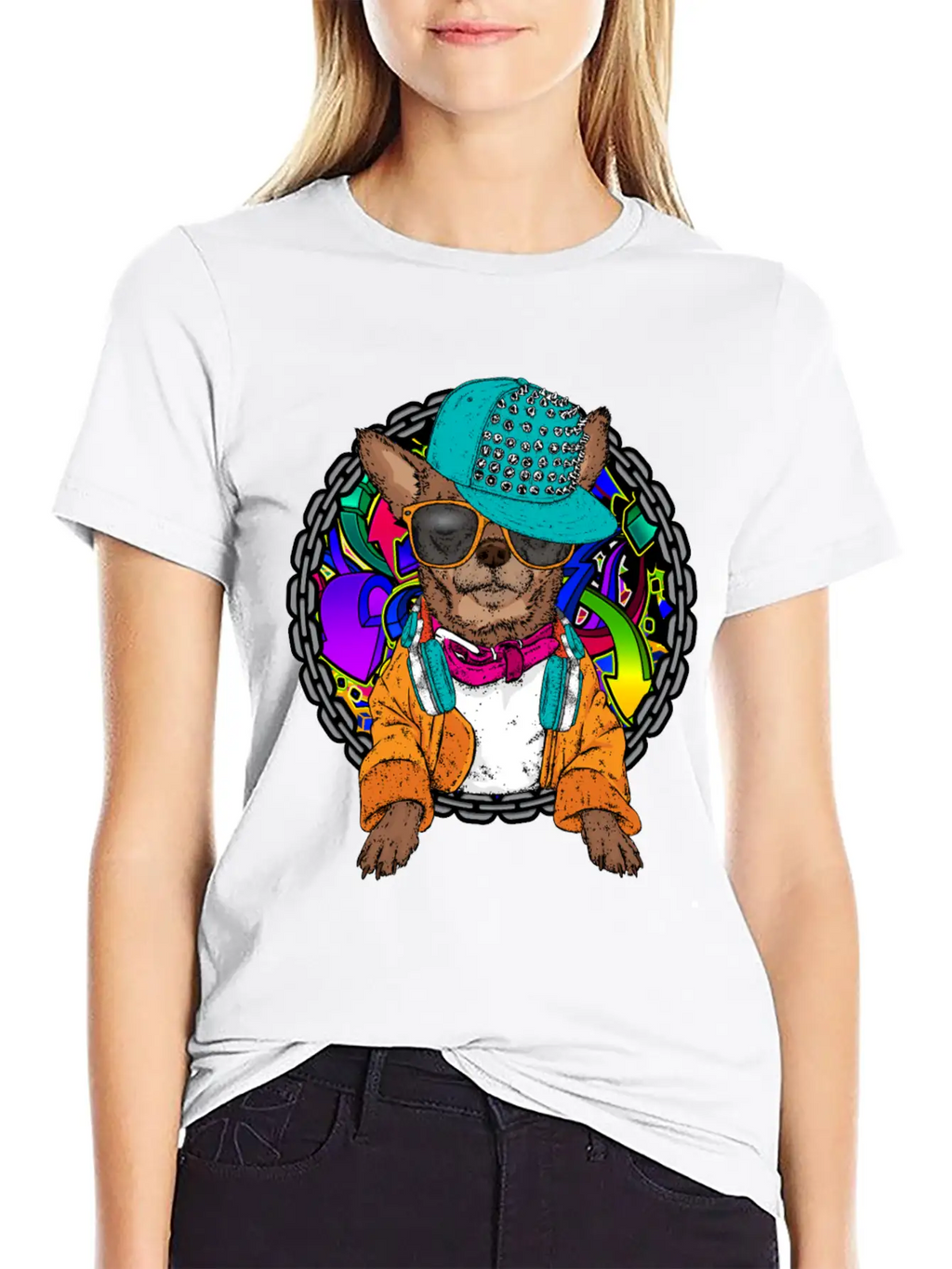 Street Dog Chihuahua Graffiti With Chain Dog Lover Stylish Everyday T-Shirt – Unisex Basic Cotton Tee