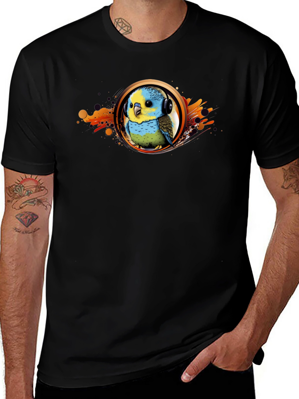 Parakeet DJ Graphic T-Shirt - Cool Bird Headphones Tee