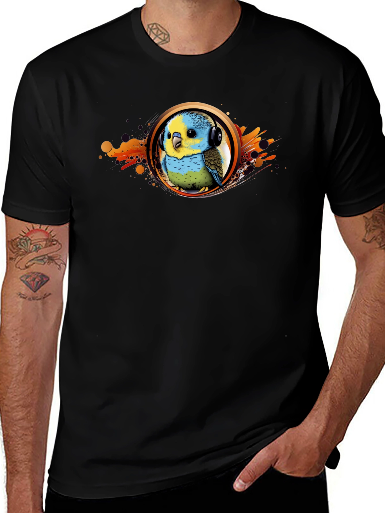 Parakeet DJ Graphic T-Shirt - Cool Bird Headphones Tee