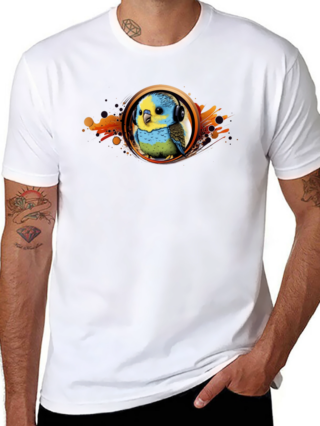Parakeet DJ Graphic T-Shirt - Cool Bird Headphones Tee