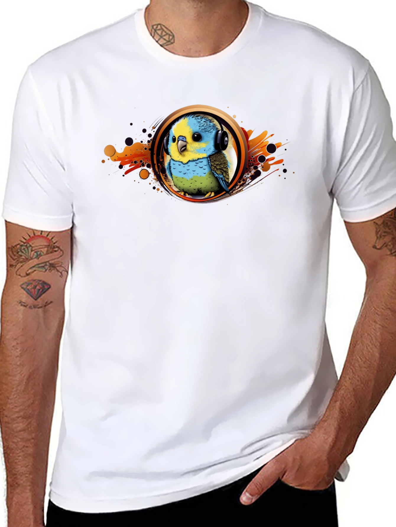 Parakeet DJ Graphic T-Shirt - Cool Bird Headphones Tee