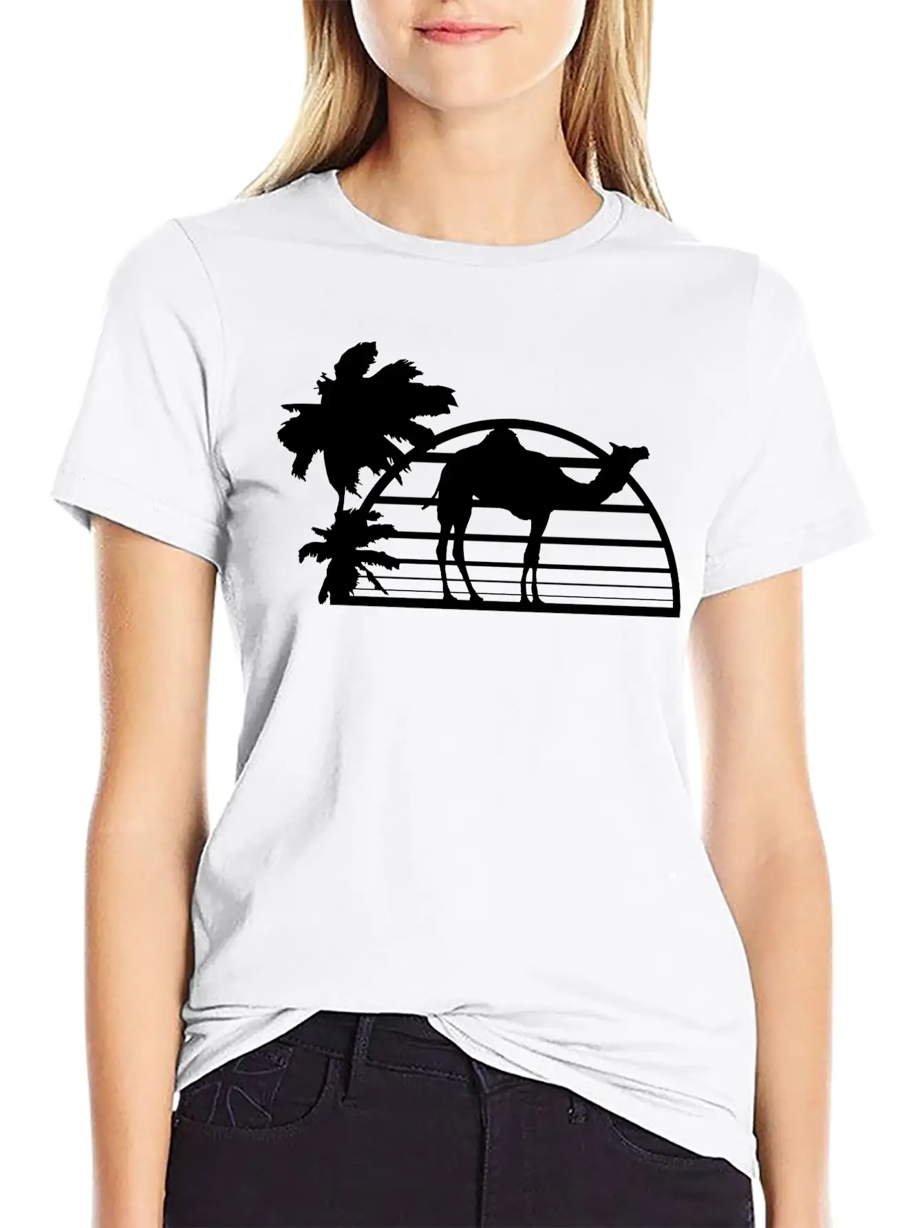 Sun Palm Beach Oasis Evening Camel Silhouette Outl Unisex Casual T-Shirt – Clean Design For Daily Comfort