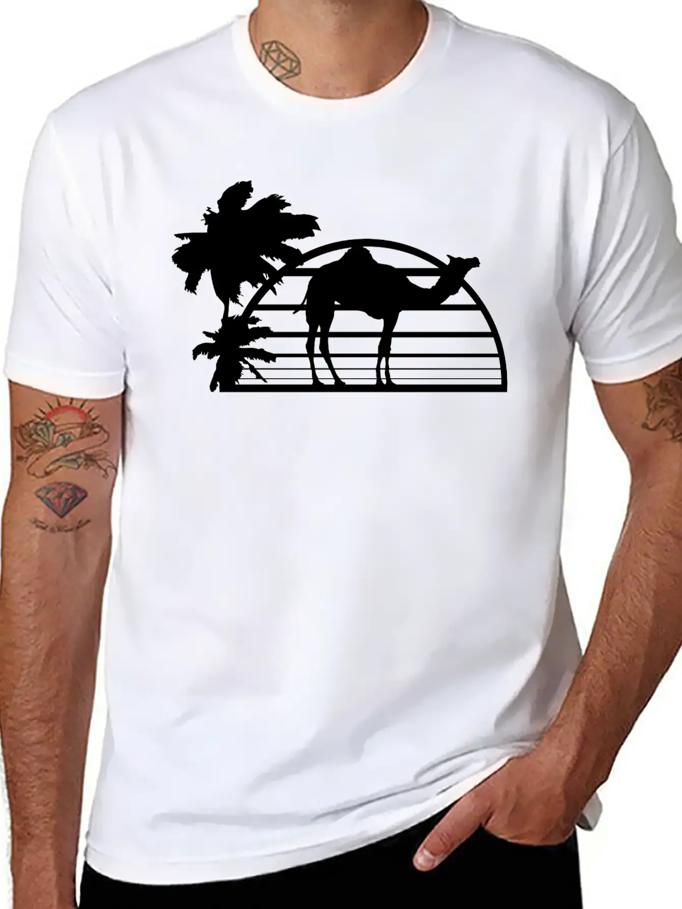 Sun Palm Beach Oasis Evening Camel Silhouette Outl Unisex Casual T-Shirt – Clean Design For Daily Comfort