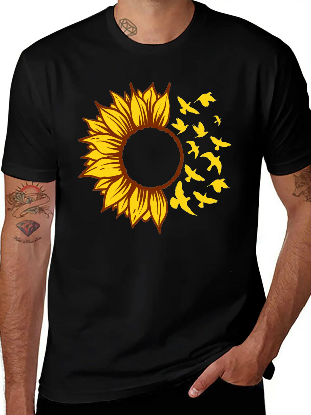 Sunflower Changing Into Birds ADD YOUR OWN TEXT Unisex Short Sleeve Soft Cotton T-Shirt – Casual Everyday Wear