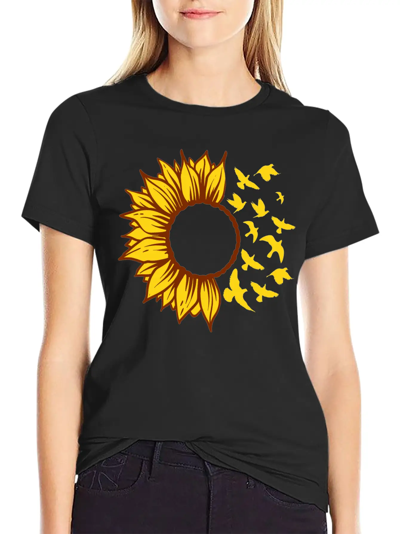Sunflower Changing Into Birds ADD YOUR OWN TEXT Unisex Short Sleeve Soft Cotton T-Shirt – Casual Everyday Wear